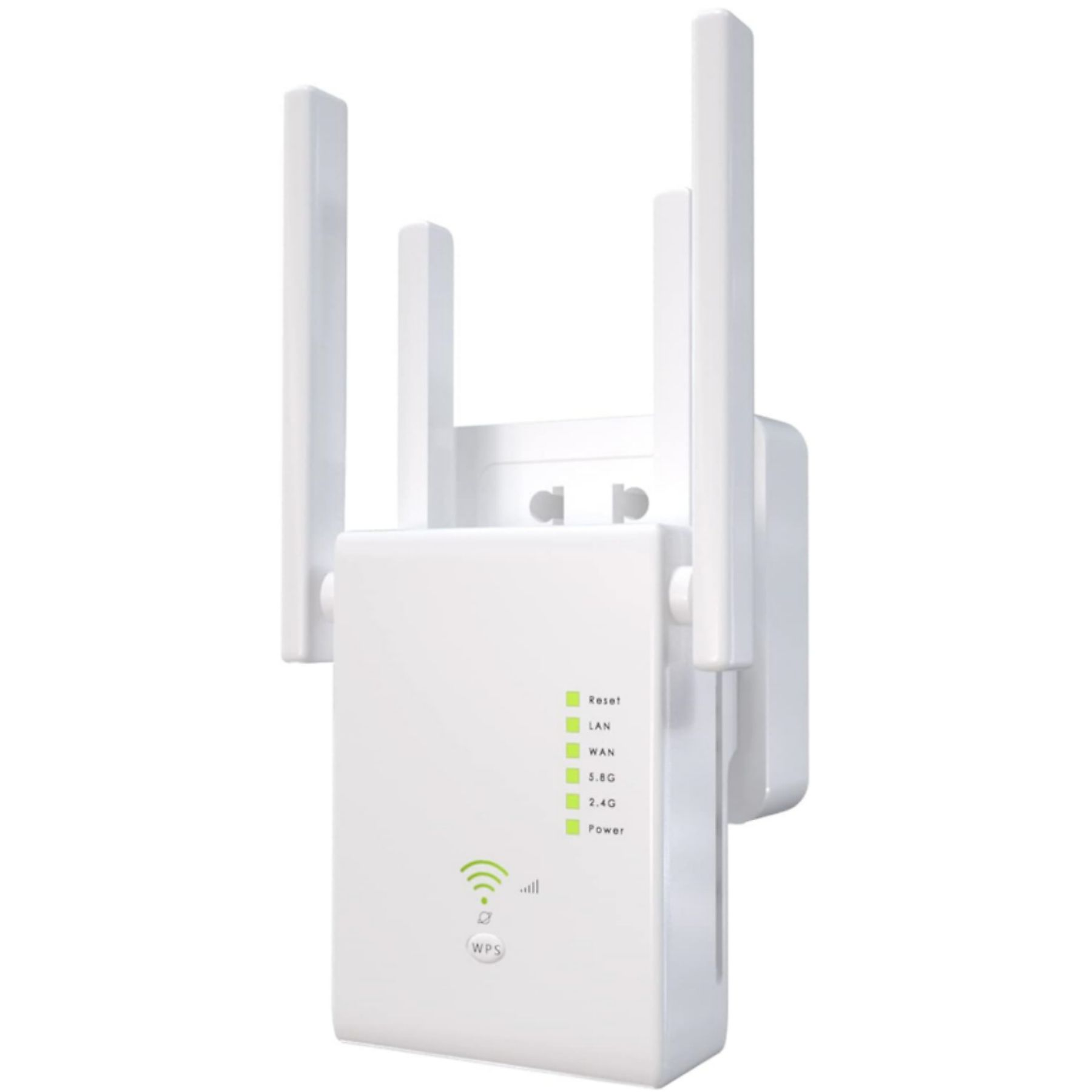 Weißer WLAN-Extender mit Antennen. Er hat Kontrollleuchten für Reset, LAN, WAN, 5.8G, 2.4G und Power sowie eine WPS-Taste.