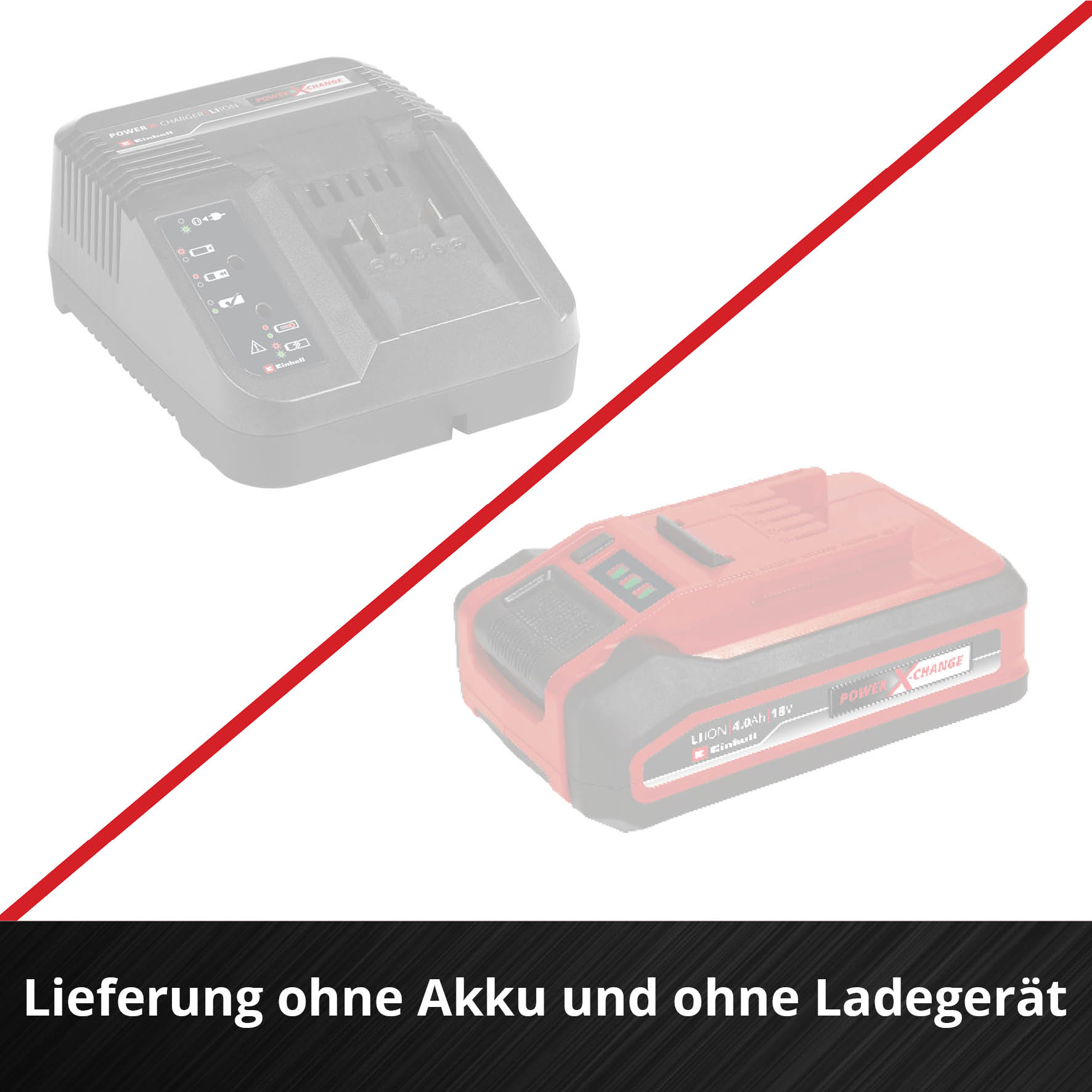 Das Bild zeigt ein Ladegerät und einen Akku mit einer roten Diagonallinie. Text unten: Lieferung ohne Akku und Ladegerät.