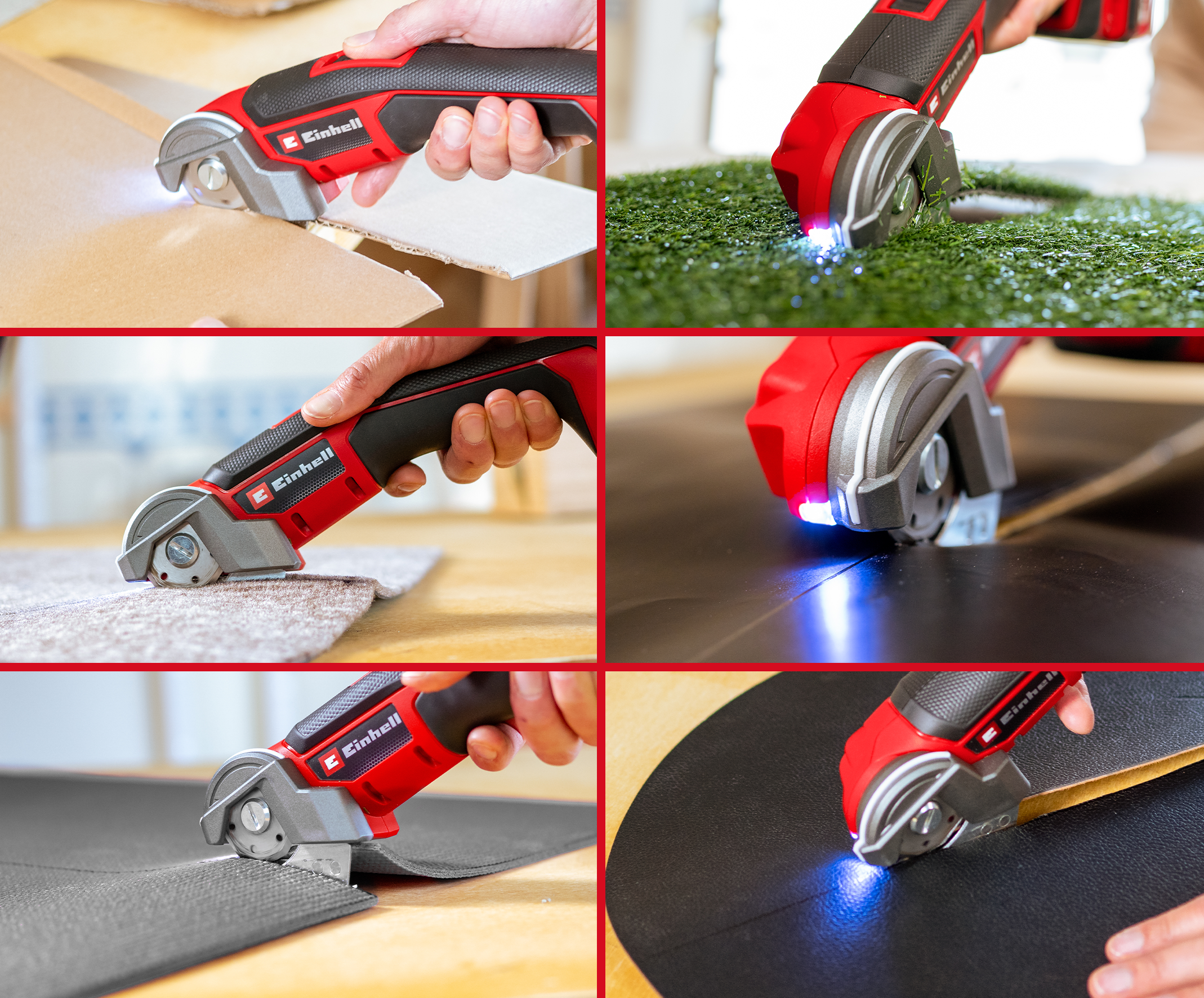Ein roter und schwarzer Einhell-Power-Cutter wird verwendet, um verschiedene Materialien wie Pappe, Teppich und Rasen mit hellem LED-Licht zu schneiden.