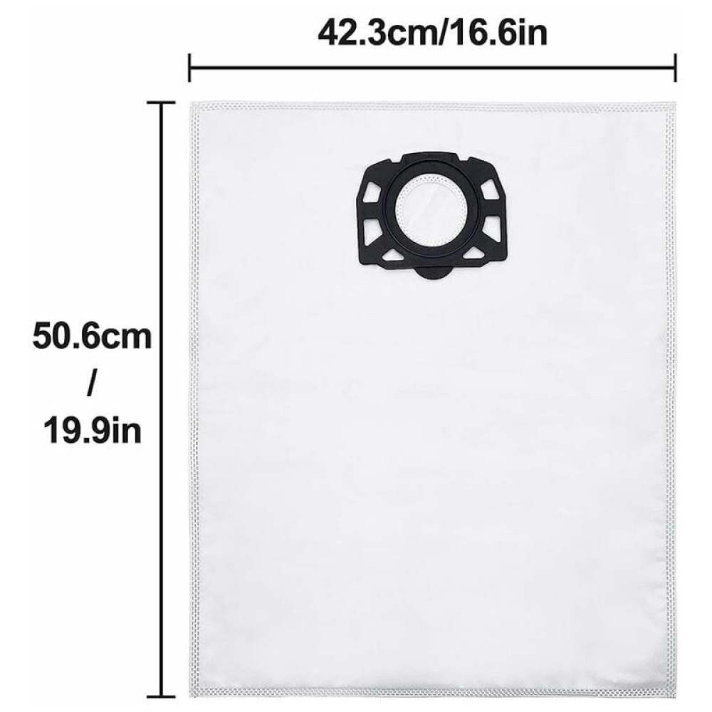 Weißer Staubsaugerbeutel mit schwarzem Kunststoffanschluss. Maße: 50,6 cm/19,9 Zoll und 42,3 cm/16,6 Zoll.