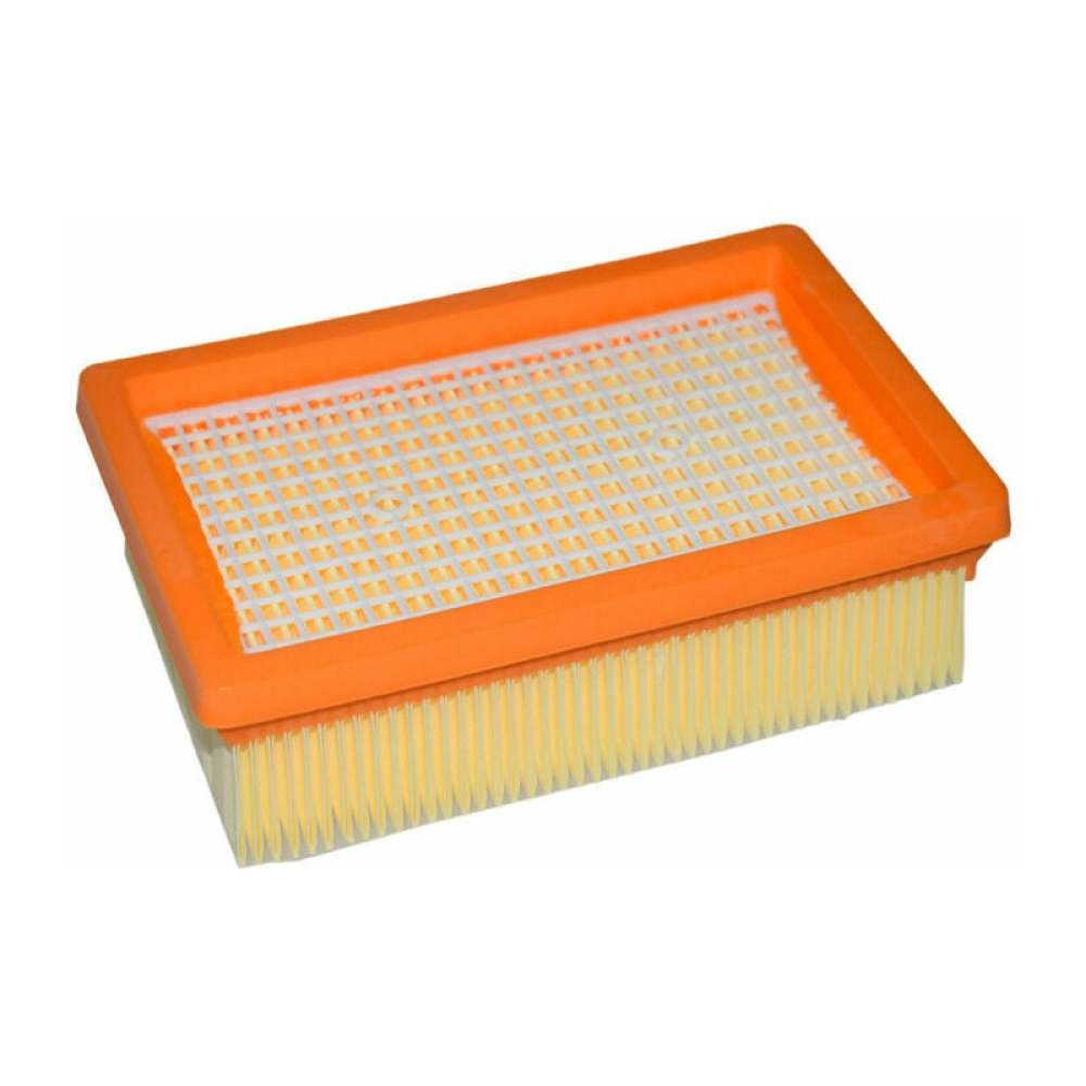 Ein Luftfilter mit orangefarbenem Rahmen und einem weißen Gitter oben. Der Boden ist gelb und rechteckig.