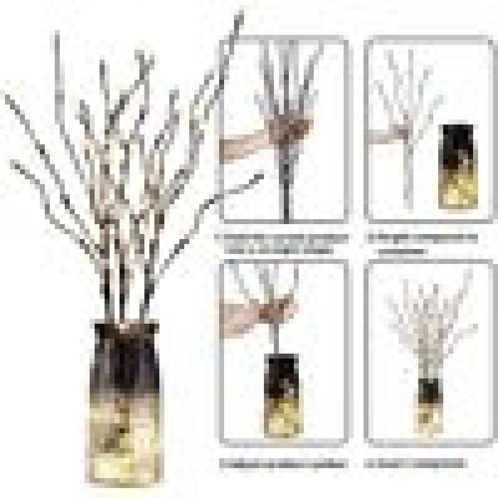 Eine Vase mit dekorativen Zweigen. Anweisungen zeigen die Montage, mit einer Hand, die einen Stock hält, und das Endprodukt.