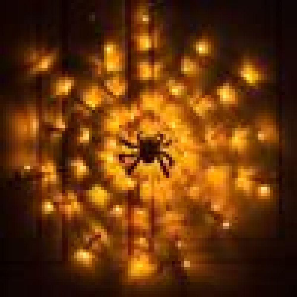 Dunkles Bild einer Spinne, umgeben von verschwommenen orangen Lichtern, die einer Halloween-Dekoration ähneln.