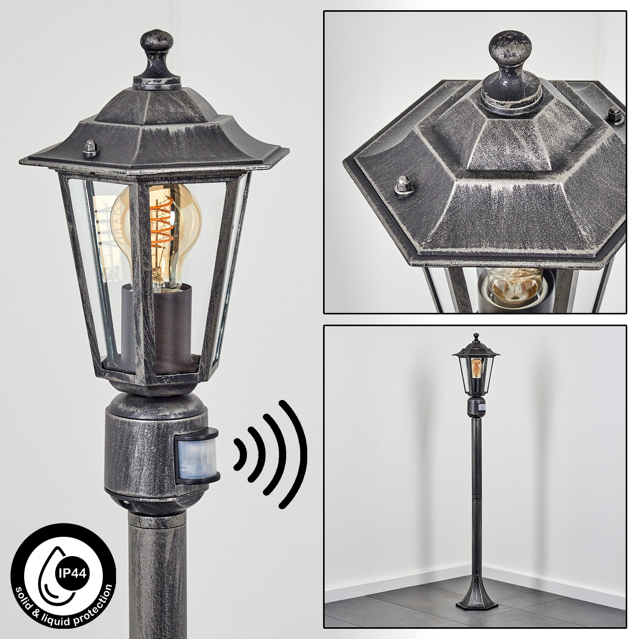 Eine metallisch-graue Außenlampe mit Glühbirne, Bewegungssensor und IP44-Schutzsymbol. Im Hintergrund eine weiße Wand und ein schwarzer Boden.