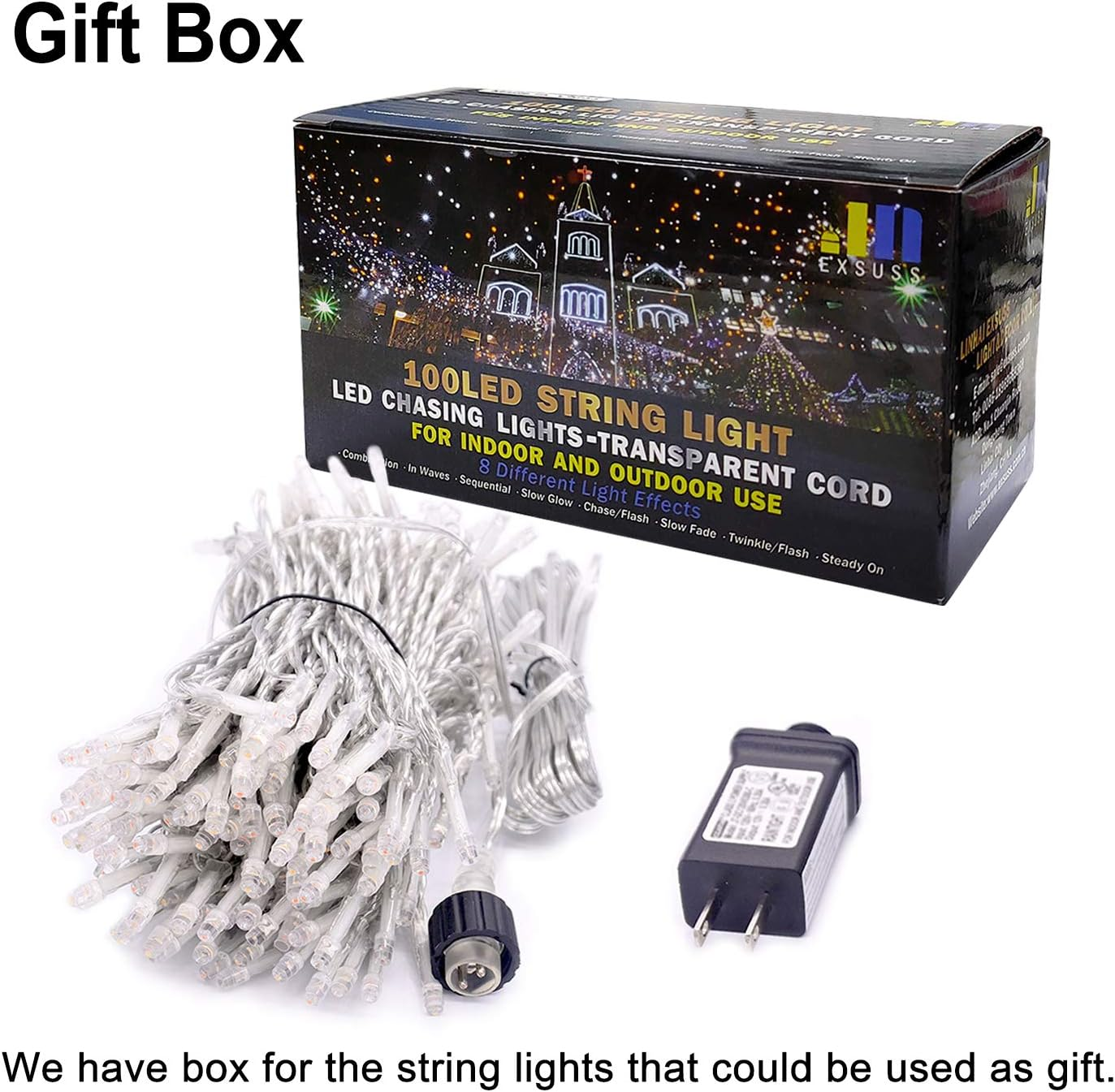 Eine Schachtel mit LED-Lichterketten, transparentem Kabel, für den Innen- und Außenbereich. Enthält Lichter, Adapter und einen schwarzen Stecker.