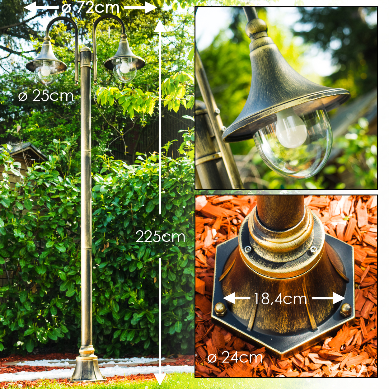 Eine dekorative Außenlampe mit zwei Lichtern, detailliert mit Maßen. Im Hintergrund sind Grün und Holzschnitzel zu sehen.