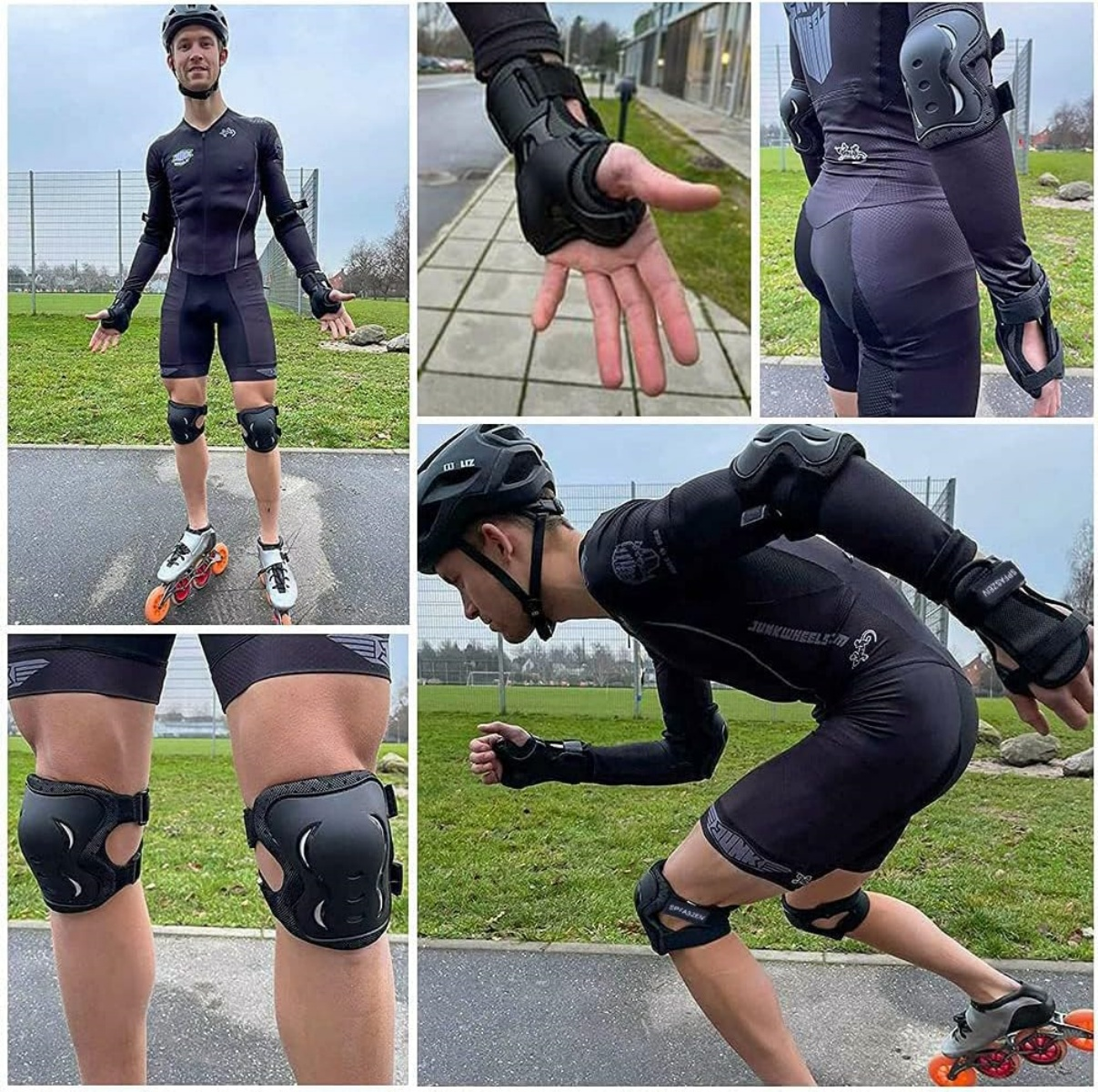 Athlet in Schutzkleidung auf Rollschuhen. Schwarzer Anzug, Helm, Knie- und Ellenbogenschützer. Umgebung mit Gras und Asphalt.