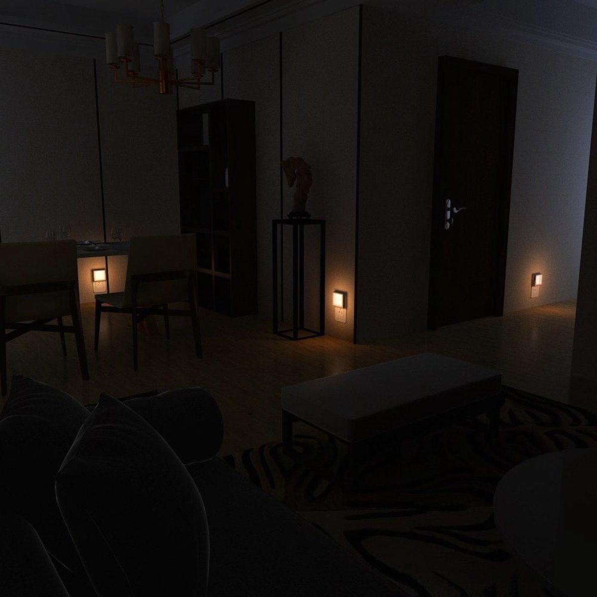 Dunkel beleuchteter Raum. Sofa im Vordergrund, Tisch und Stühle in der Mitte. Tür und Lichter im Hintergrund. Holzboden.
