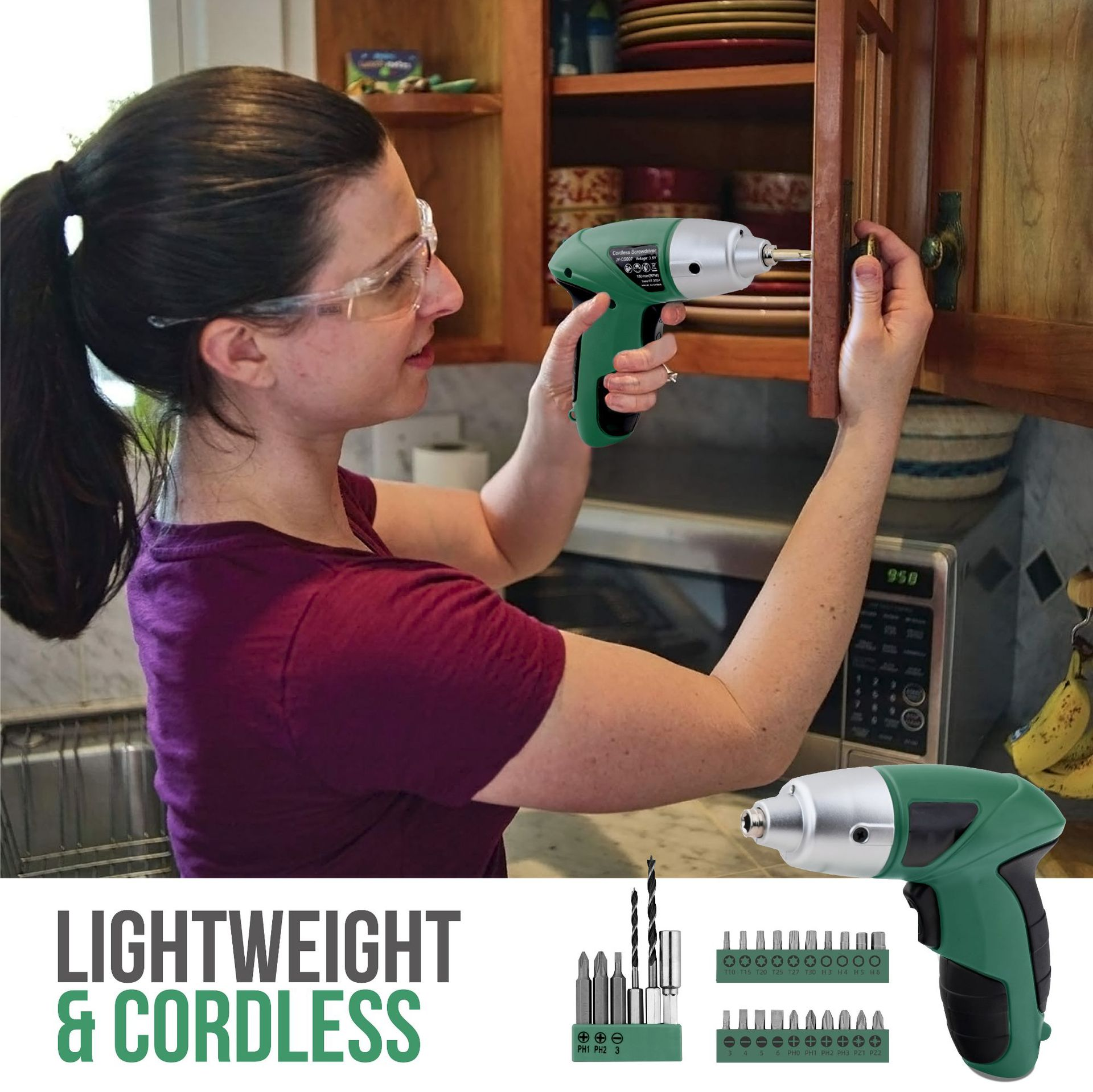 Eine Frau benutzt einen grünen Akku-Schrauber an einem Schrank. Werkzeuge und der Text 'LIGHTWEIGHT & CORDLESS' sind ebenfalls zu sehen.