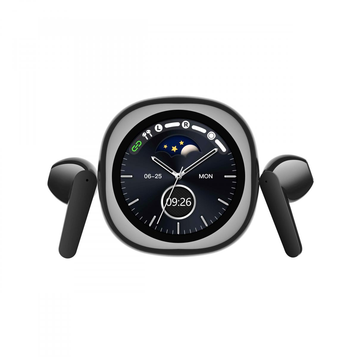 Eine Smartwatch mit dunklem Bildschirm, der Uhrzeit und Datum anzeigt, zusammen mit zwei schwarzen kabellosen Ohrhörern.