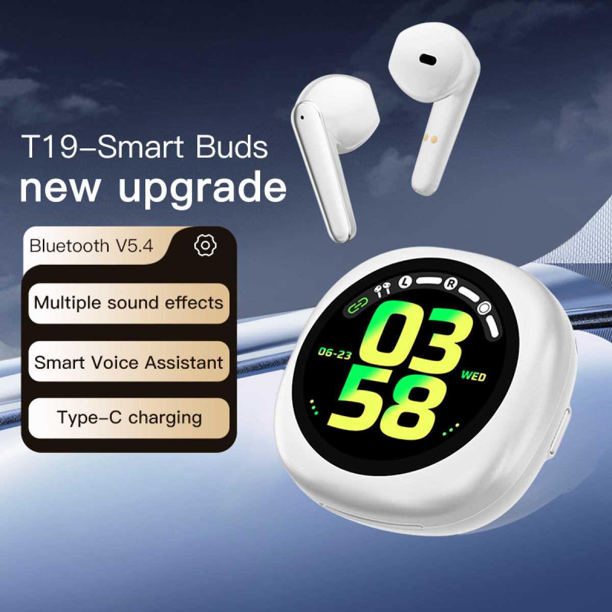 Das Bild zeigt weiße Ohrhörer, ein Ladeetui und Text über „Smart Buds“. Zu den Funktionen gehören Bluetooth, mehrere Soundeffekte und ein Sprachassistent.