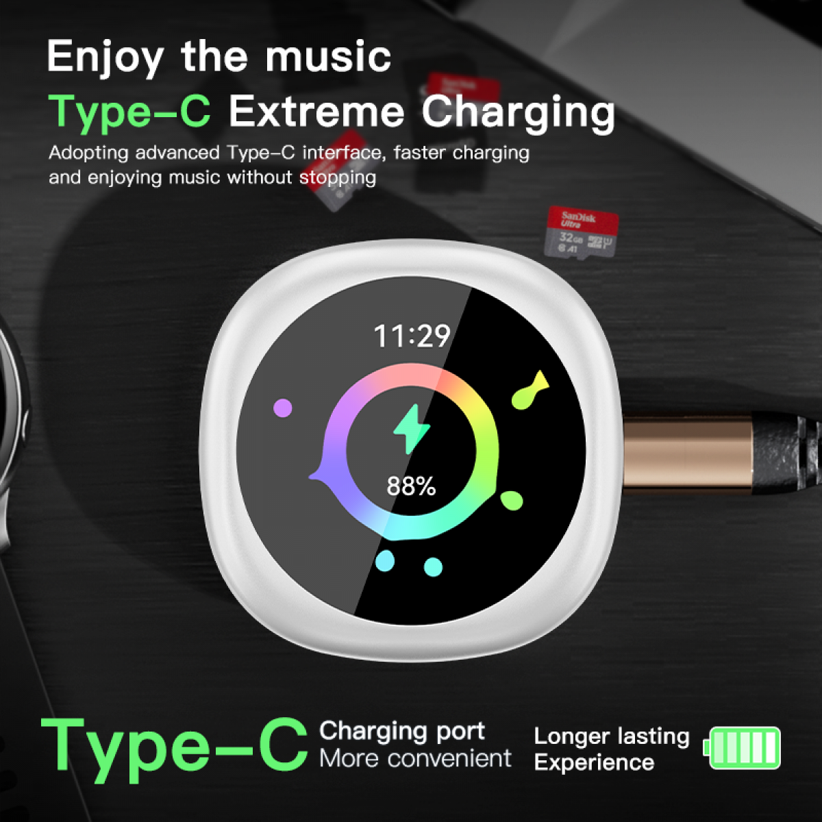 Ein weißes rundes Gerät zeigt 88 % Ladung. Text enthält 'Type-C Extreme Charging' und '11:29'. MicroSD-Karten und ein Ladeanschluss.