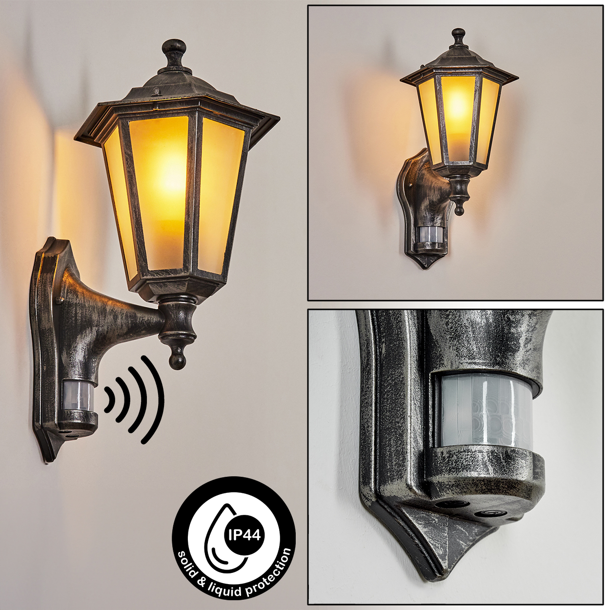 Eine Außenwandleuchte mit Sensor. Sie hat ein Vintage-Design, ist silber und schwarz und hat die Schutzart IP44 für festen und flüssigen Schutz.