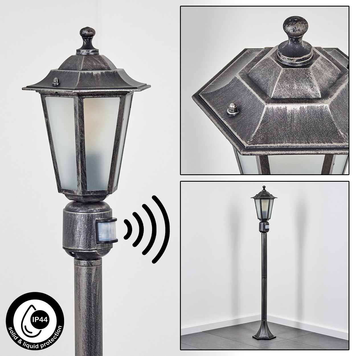 Eine metallisch-graue Außenlaterne mit Bewegungsmelder. Die Lampe hat ein klassisches Design und ist nach IP44 gegen feste und flüssige Stoffe geschützt.