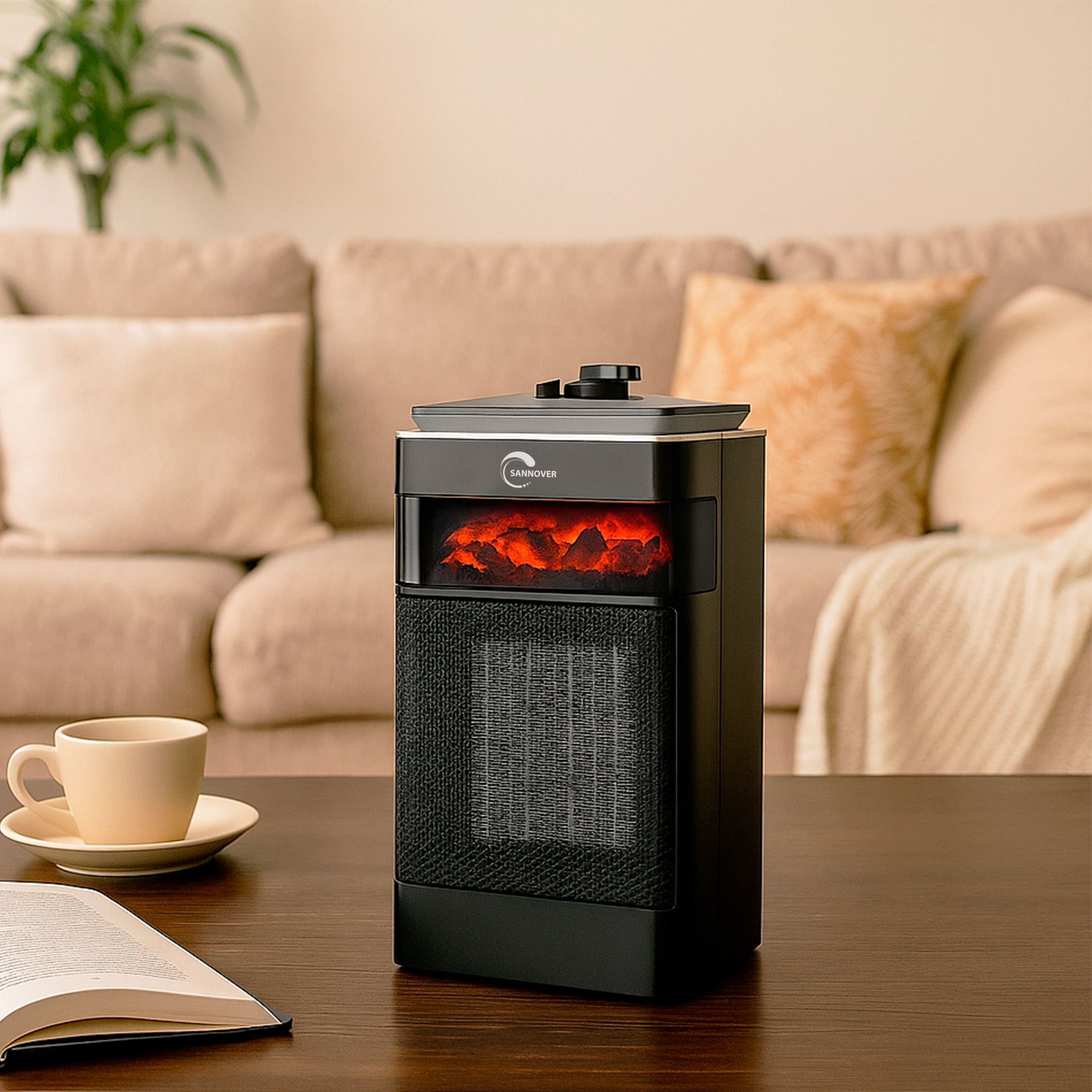 Schwarzer elektrischer Kamin mit glühendem Feuereffekt, steht auf einem Holztisch, mit Kaffeetasse und offenem Buch.