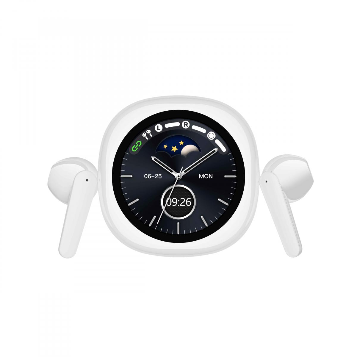 Eine weiße Smartwatch mit schwarzem Bildschirm, der die Uhrzeit anzeigt, umgeben von weißen Ohrhörern auf weißem Hintergrund.