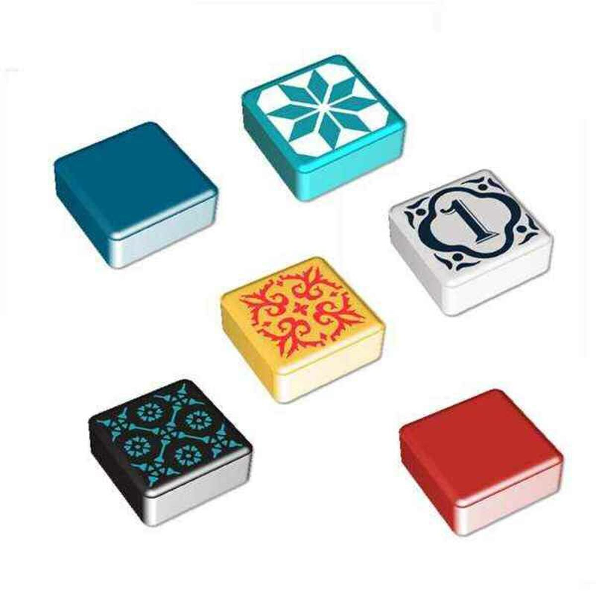 Siete baldosas cuadradas de colores. Muestran varios patrones y colores: azul, turquesa, amarillo, negro, blanco y rojo.