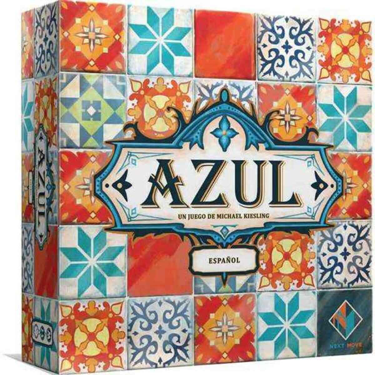 Caja del juego de mesa Azul. Azulejos coloridos con patrones geométricos. El título 'Azul' se muestra de forma destacada. 'Español' también es visible.