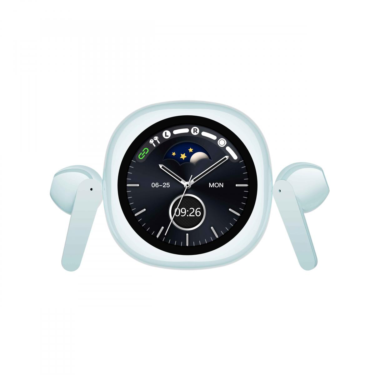 Eine mintfarbene Smartwatch mit schwarzem Display, das die Uhrzeit anzeigt, umgeben von zwei passenden Ohrhörern.
