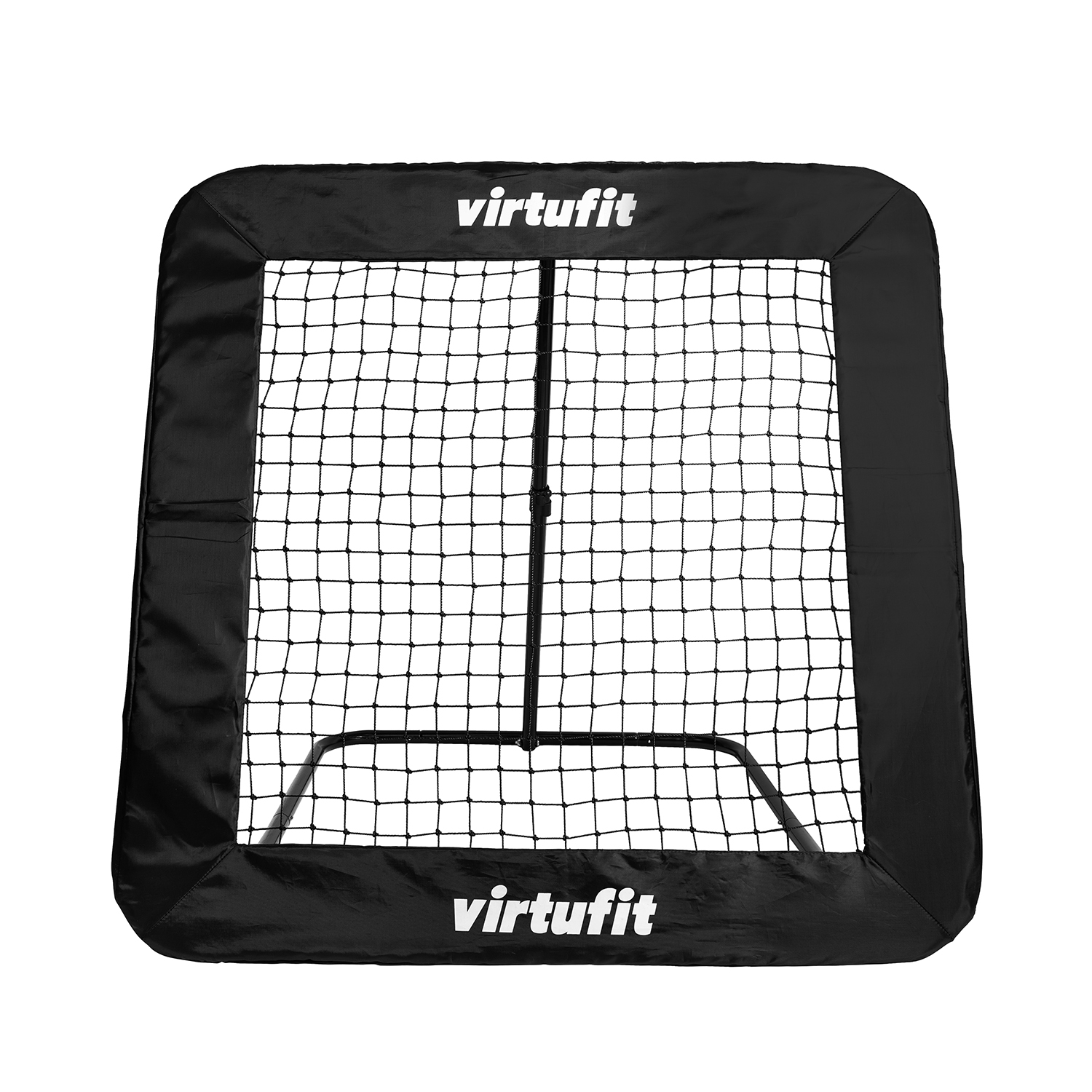 Schwarzes Virtufit-Trainingsnetz auf weißem Hintergrund. Weißer Text oben und unten. Das Netz ist quadratisch. Schwarzer Rahmen umgibt das Netz.