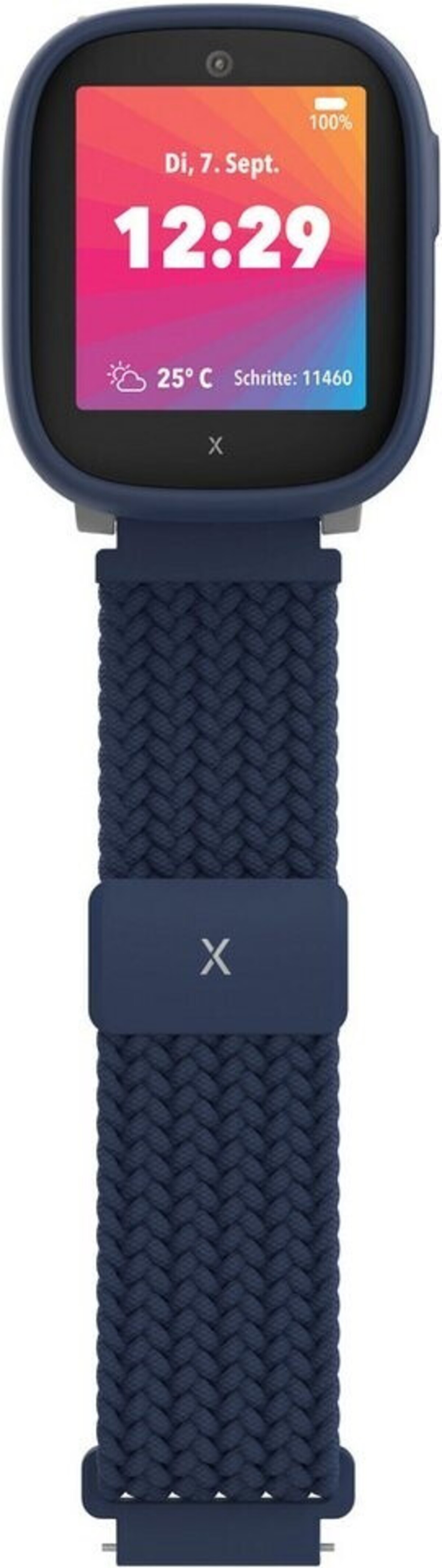 Eine marineblaue Smartwatch zeigt Zeit, Datum und Wetterinformationen an. Sie hat ein geflochtenes Armband und einen Bildschirm.