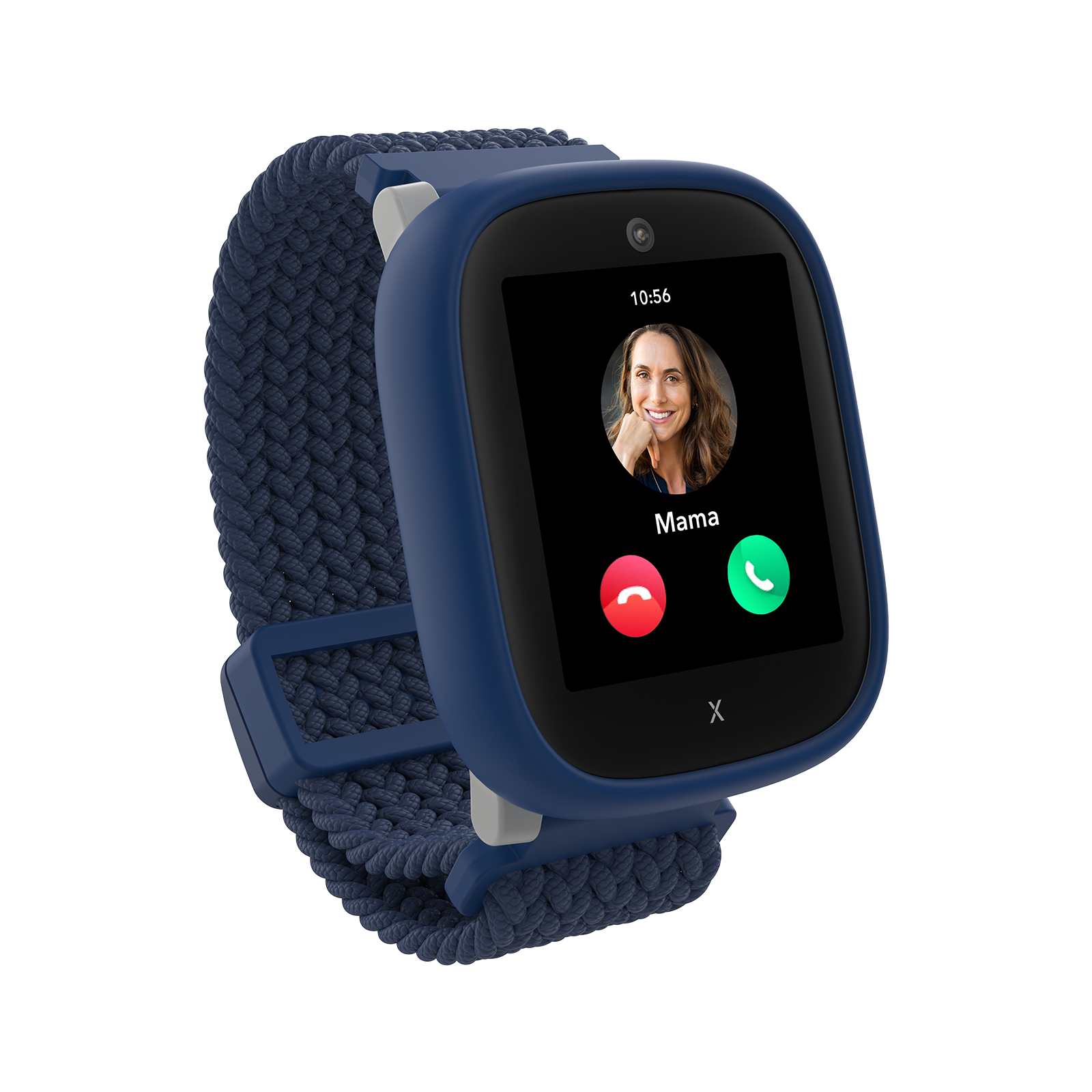 Eine blaue Smartwatch zeigt das Gesicht einer Frau während eines Anrufs von 'Mama'. Sie hat ein geflochtenes Armband und die Uhrzeit 10:56.