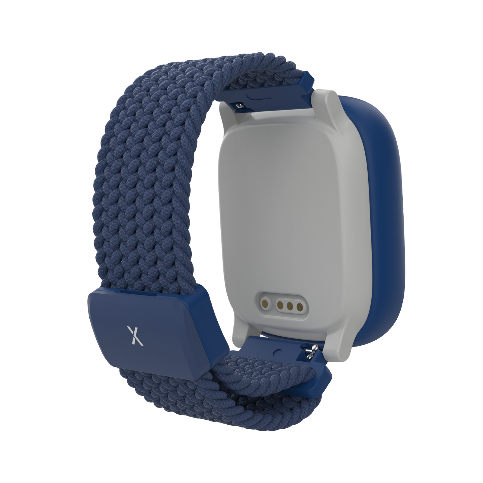 Dunkelblaue Smartwatch mit gewebtem Band. Die Uhr ist hinten weiß und das Band hat ein X-Logo.