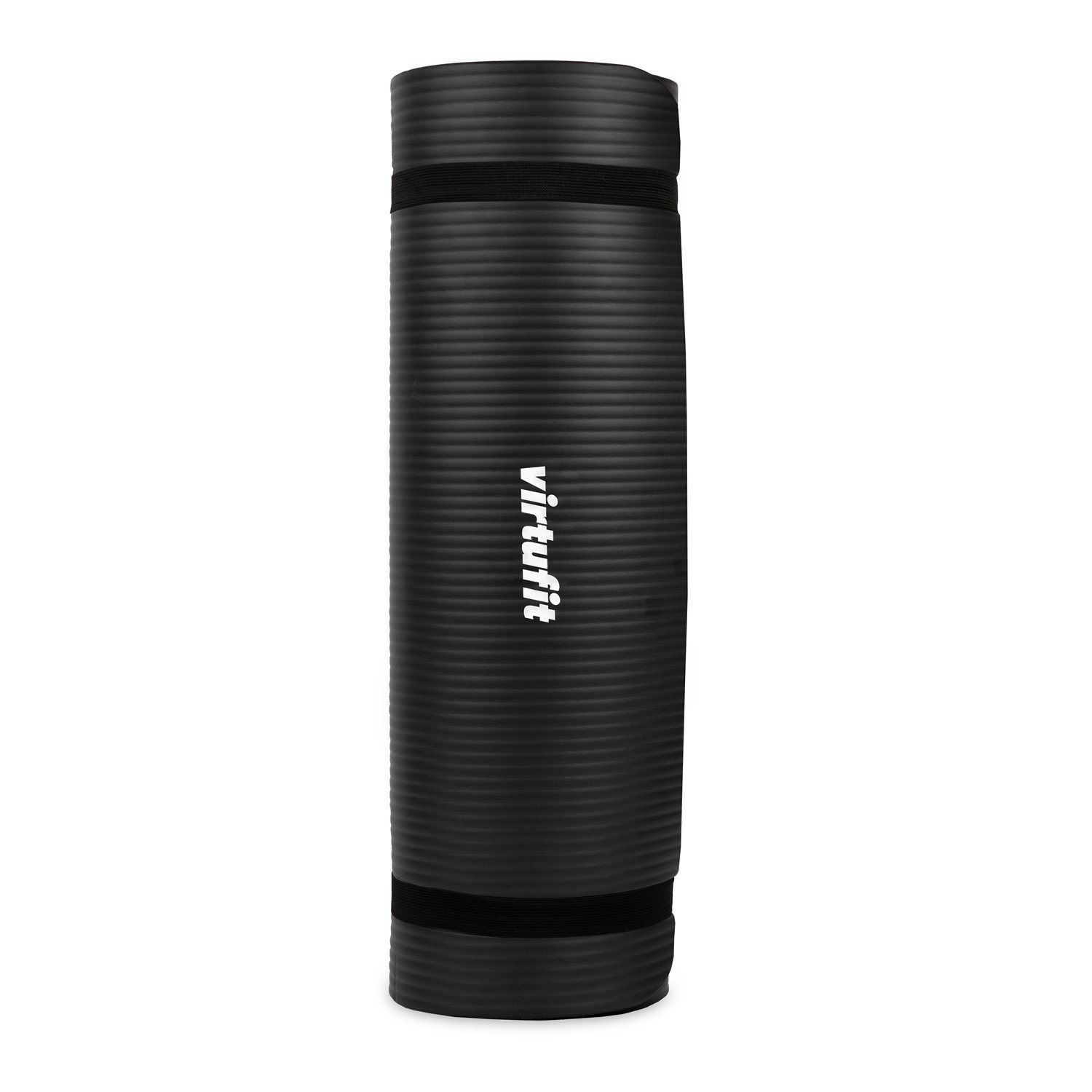Eine zusammengerollte, schwarze VirtuFit Yogamatte mit weißem Text. Zwei schwarze Gurte sichern die Rolle. Der Hintergrund ist weiß.