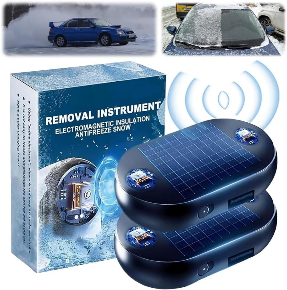 Das Bild zeigt ein blaues Auto auf Eis, eine Schachtel mit "Removal Instrument" und zwei schwarze Geräte mit Solarpanelen.