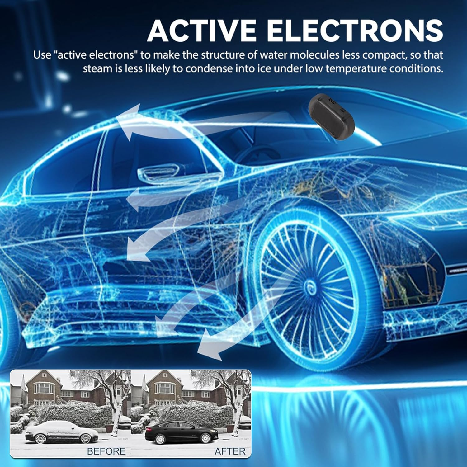 Blaues Auto mit Pfeilen, Vorher-Nachher-Winter-Schnee auf Autos. Text: ACTIVE ELECTRONS.