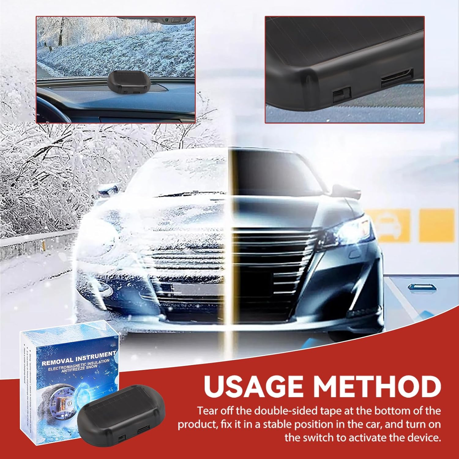 Das Bild zeigt ein Auto mit Schnee und einem schwarzen Gerät. Der Text lautet 'Entfernungsinstrument, Frostschutzschnee'. Nutzungsdetails sind ebenfalls vorhanden.