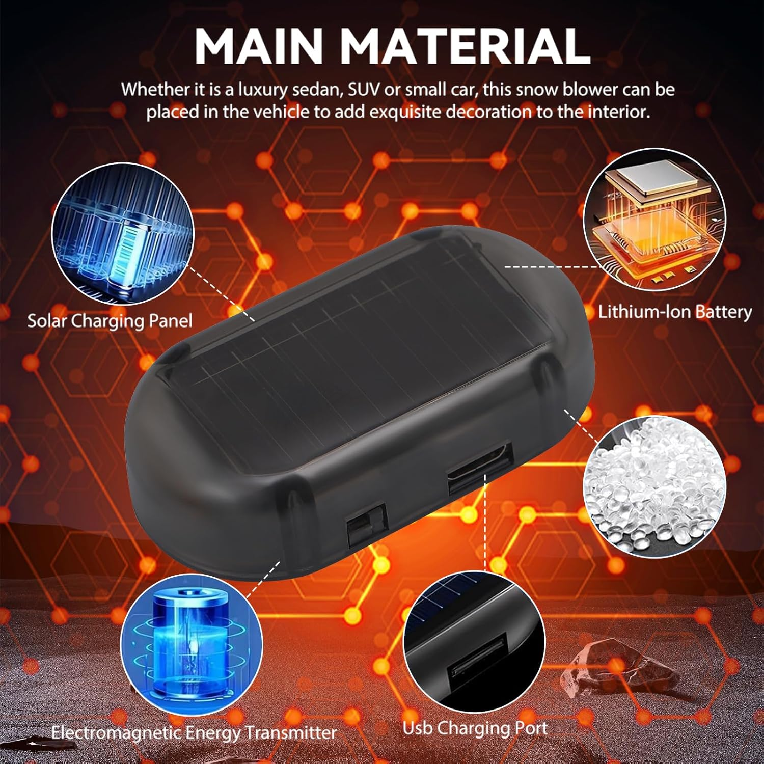 Schwarzes Gerät mit Solarpanel, USB-Anschluss und internen Komponenten wie einem Lithium-Ionen-Akku. Text hebt Funktionen und Autonutzung hervor.