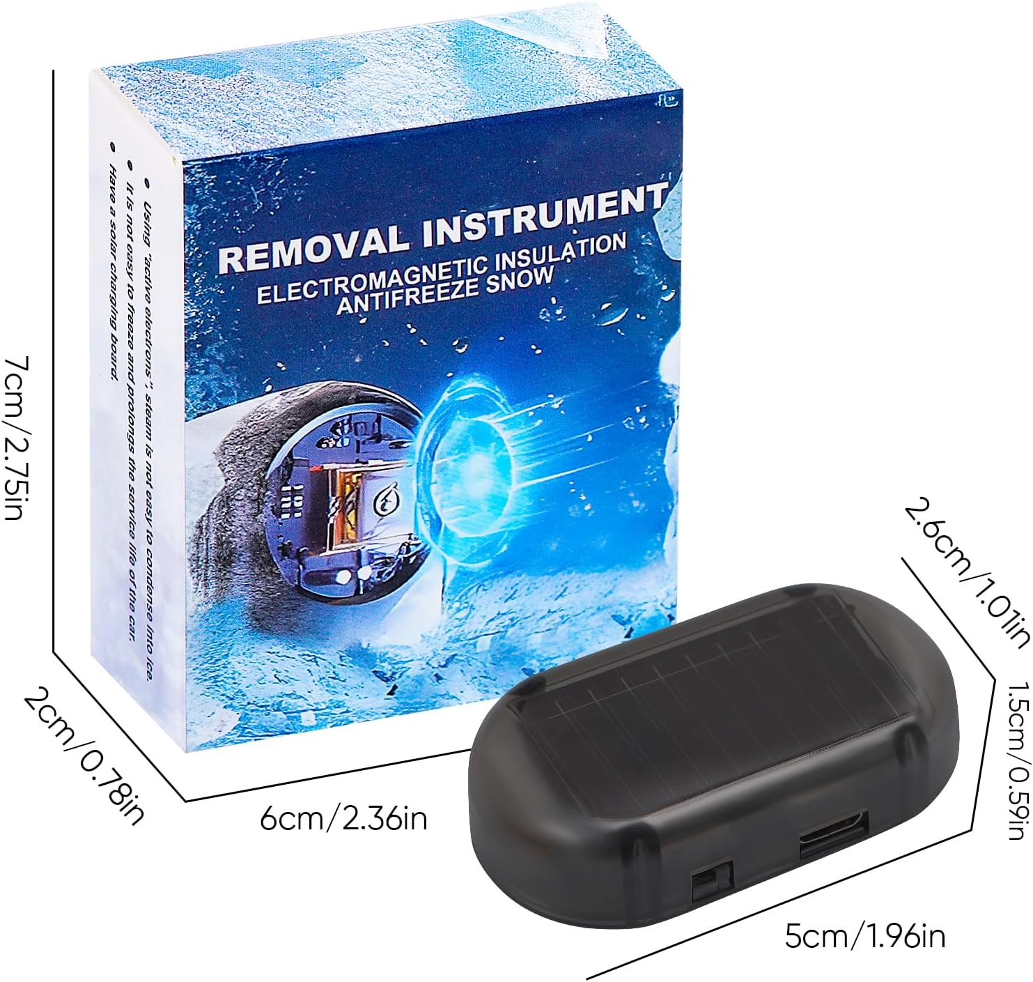 Eine Produktbox und ein schwarzes Gerät. Auf der Box steht 'Removal Instrument' und 'Antifreeze Snow'. Das Gerät hat ein Solarpanel.