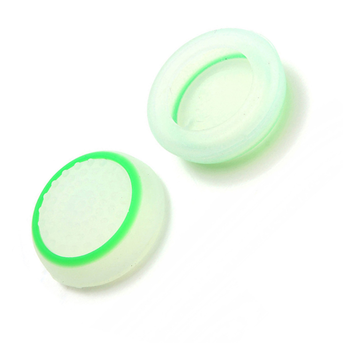 Due impugnature traslucide verde chiaro per il pollice del controller di gioco. Uno è un anello, l'altro a forma di cupola, entrambi con accenti verdi.
