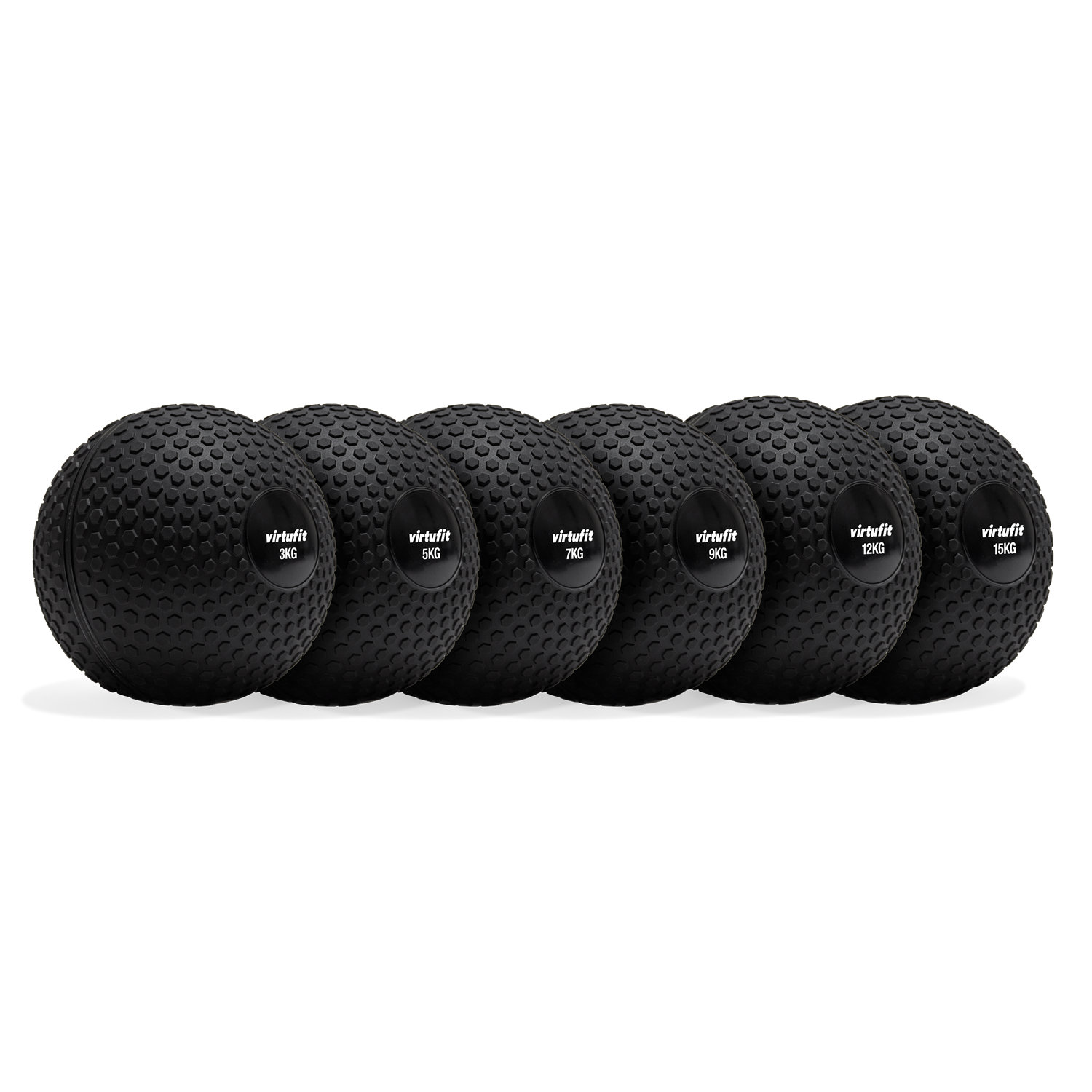 Sechs schwarze Virtufit Medizinbälle mit unterschiedlichem Gewicht (3 kg bis 15 kg) auf weißem Hintergrund.