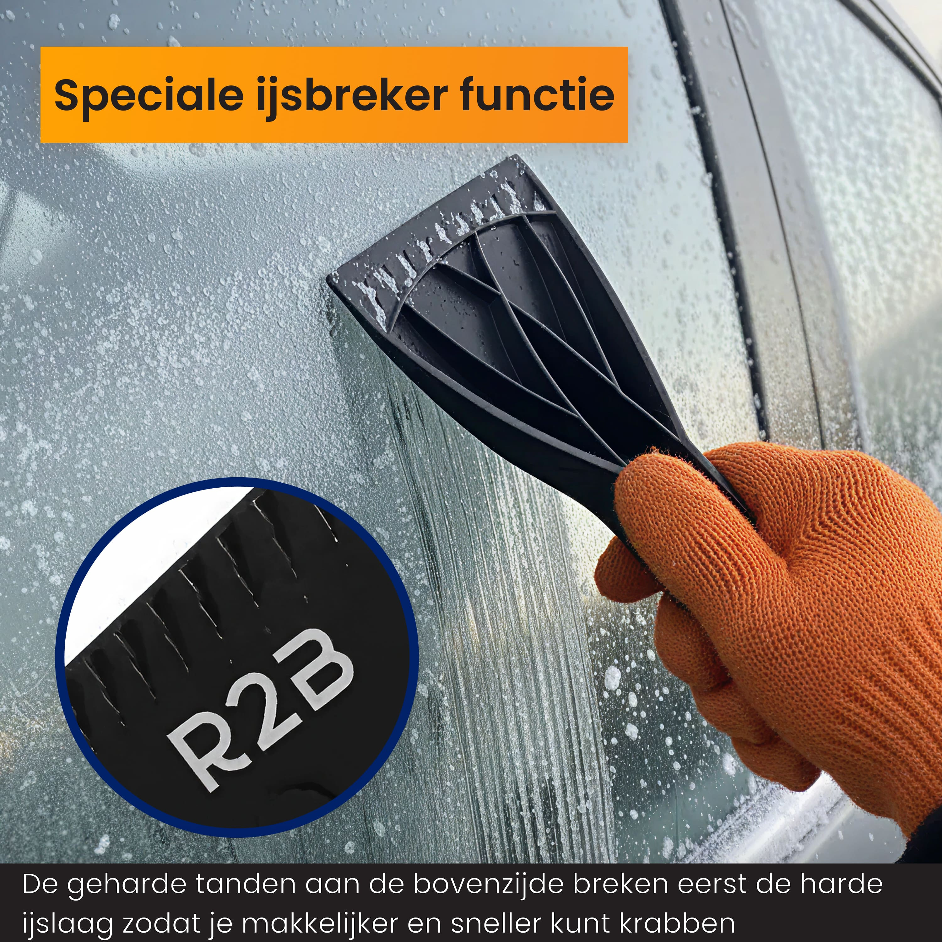 Hand wearing orange glove using a black ice scraper on a car window covered in frost.