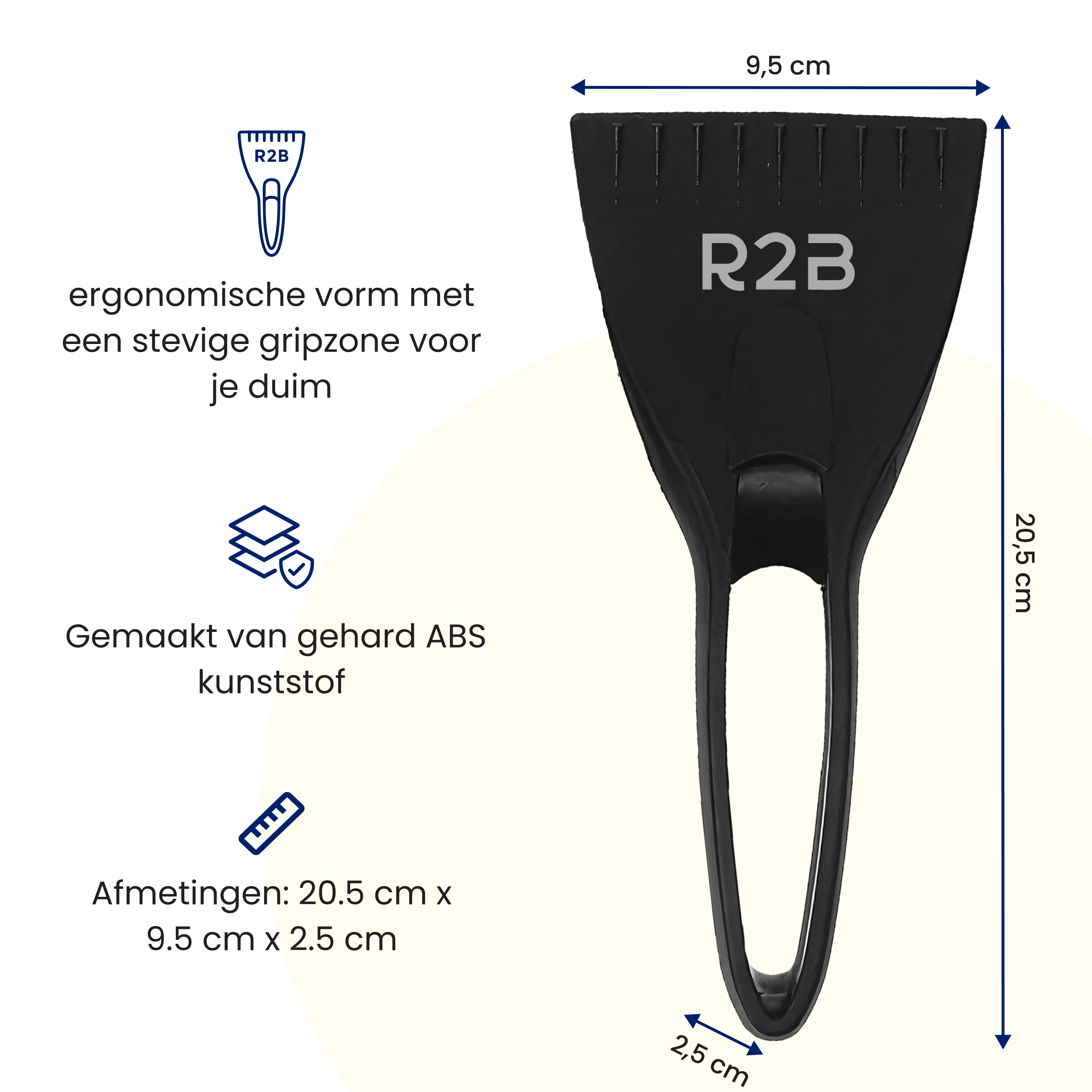 A black ice scraper with R2B logo. It has a handle and dimensions of 20.5 cm x 9.5 cm x 2.5 cm.