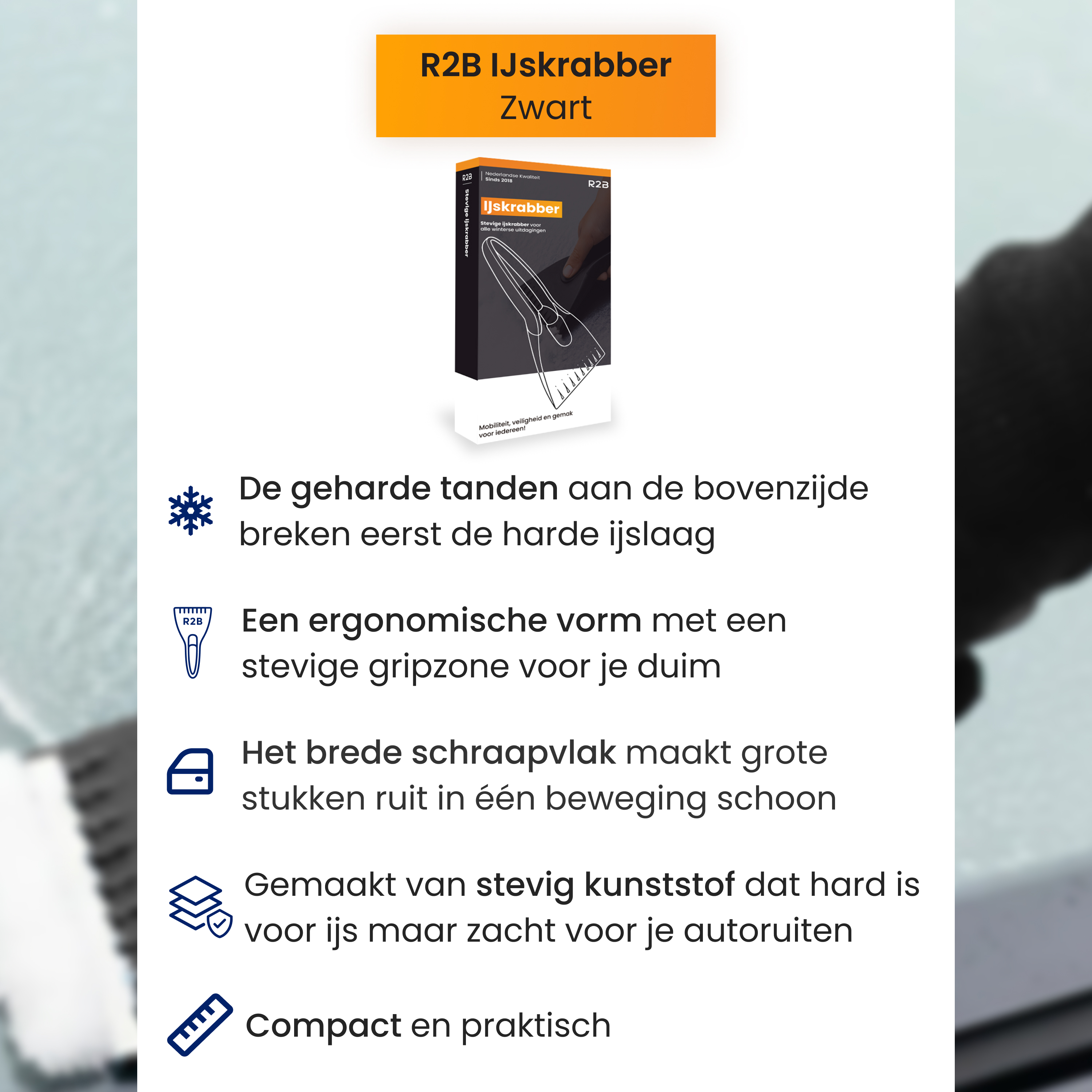 An orange banner displays 'R2B IJskrabber Zwart.' Below, a black ice scraper is shown with descriptive text.