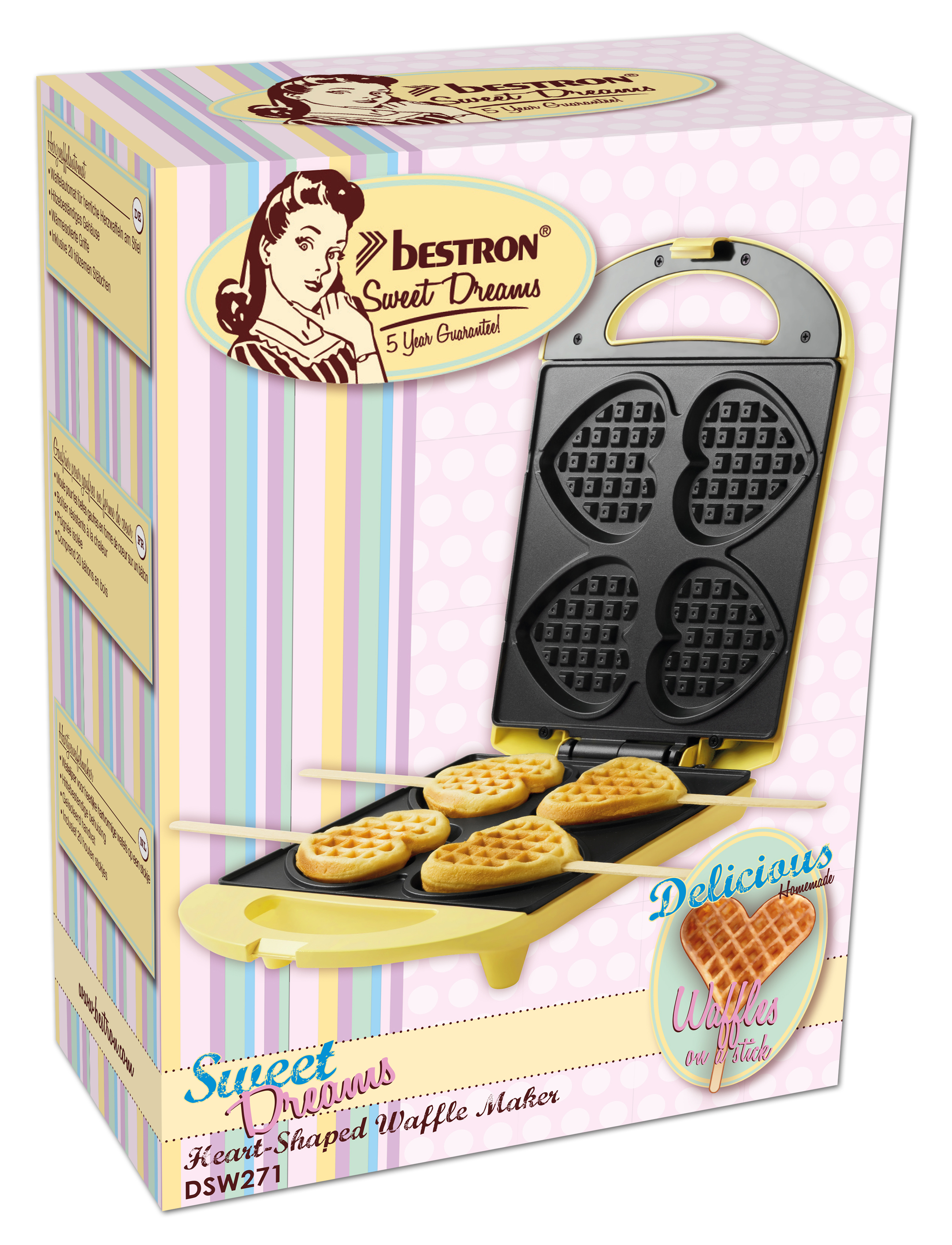 Ein gelber Waffeleisen mit herzförmigen Formen, das Waffeln am Stiel herstellt. Auf der Box steht 'Sweet Dreams'.