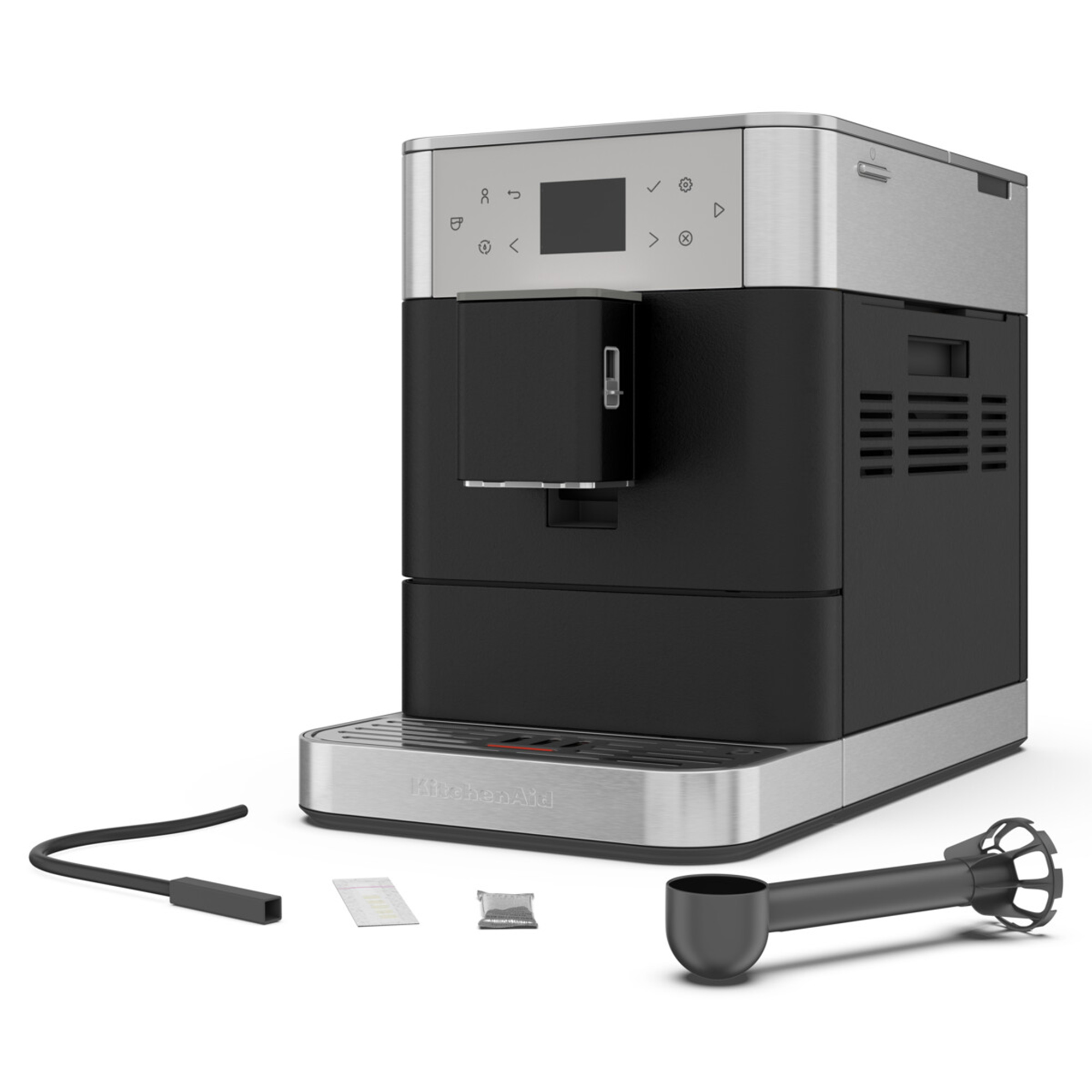 Siyah ve gümüş renkli bir KitchenAid espresso makinesi, aksesuarlarla: portafilter, kablo ve paketler.