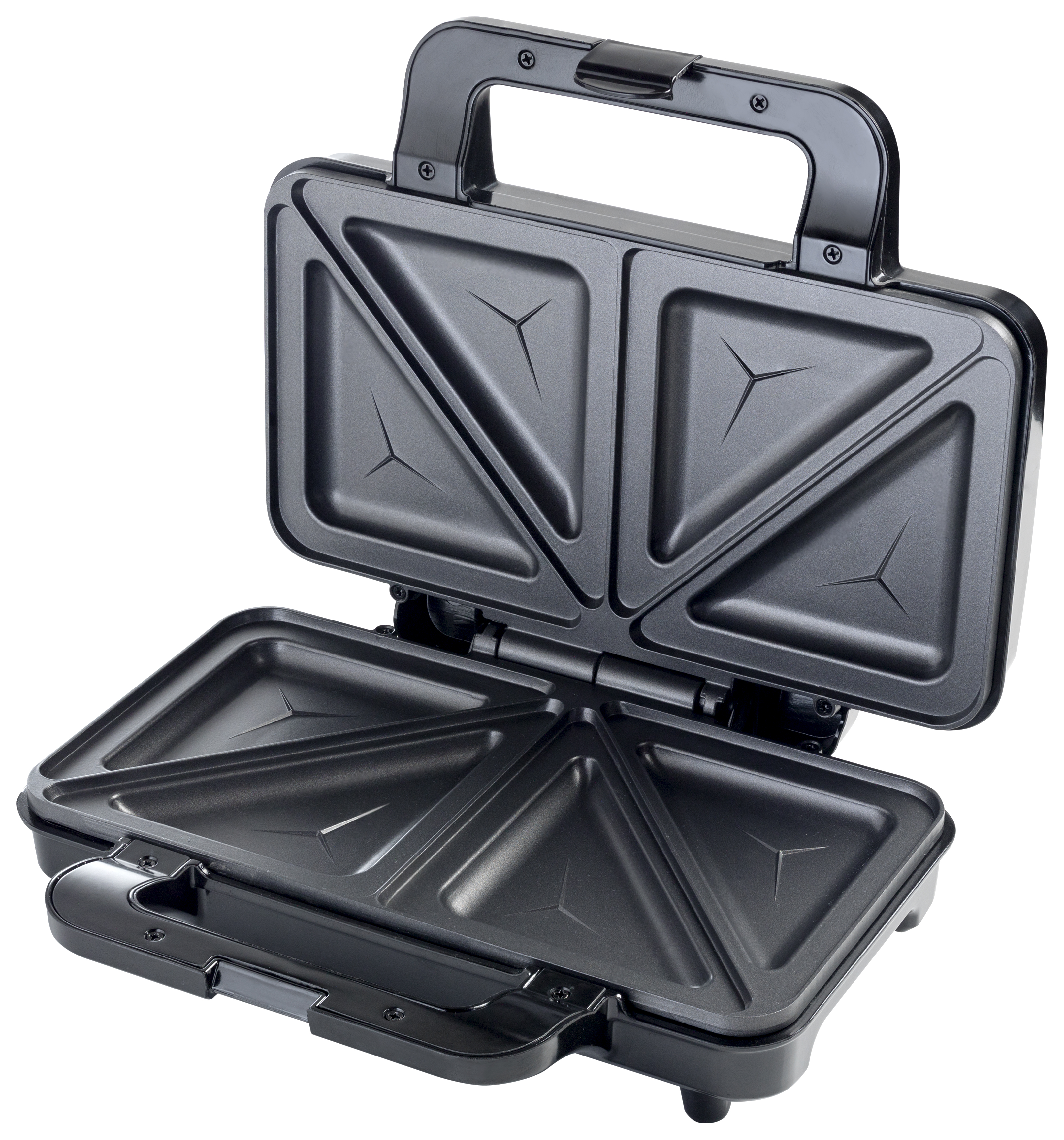 Otwarta czarna opiekacz do kanapek. Ma uchwyt i trójkątne płyty do gotowania. Na białym tle.