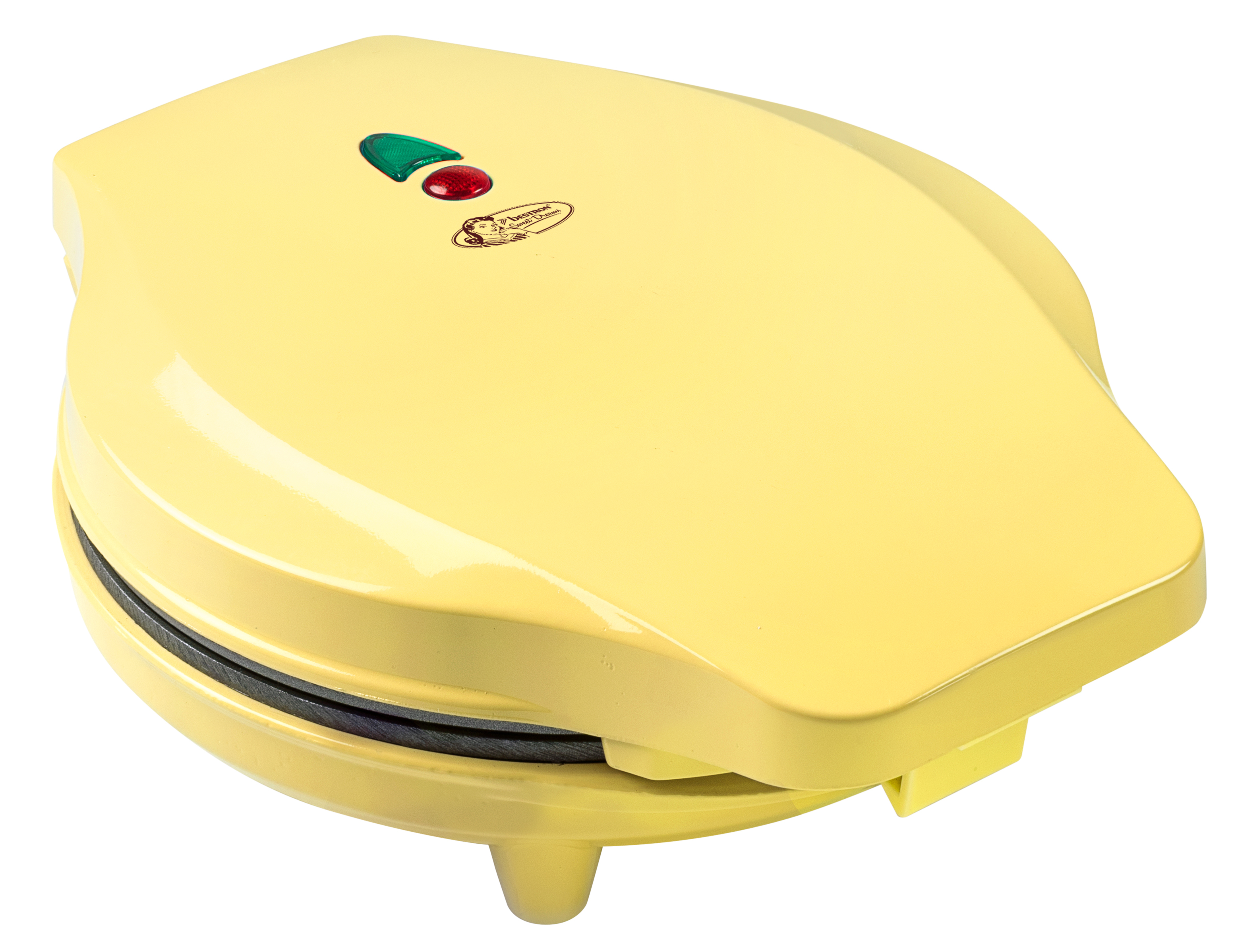 Żółta gofrownica z zielonymi i czerwonymi światłami na białym tle. Ma zaokrąglone krawędzie.