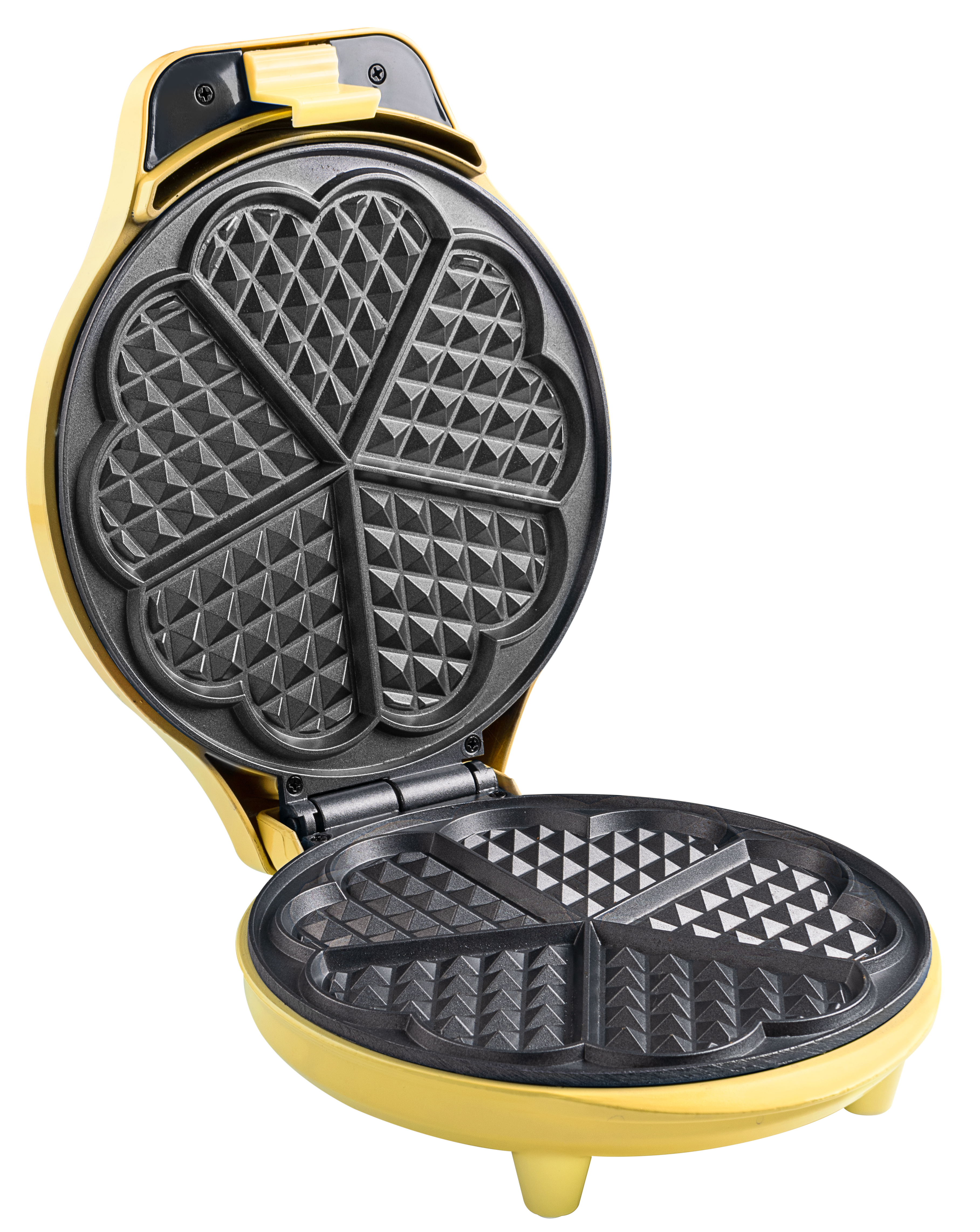 Otwarta żółta gofrownica. Ma formy w kształcie serca. Góra jest otwarta. Powierzchnia jest czarna.