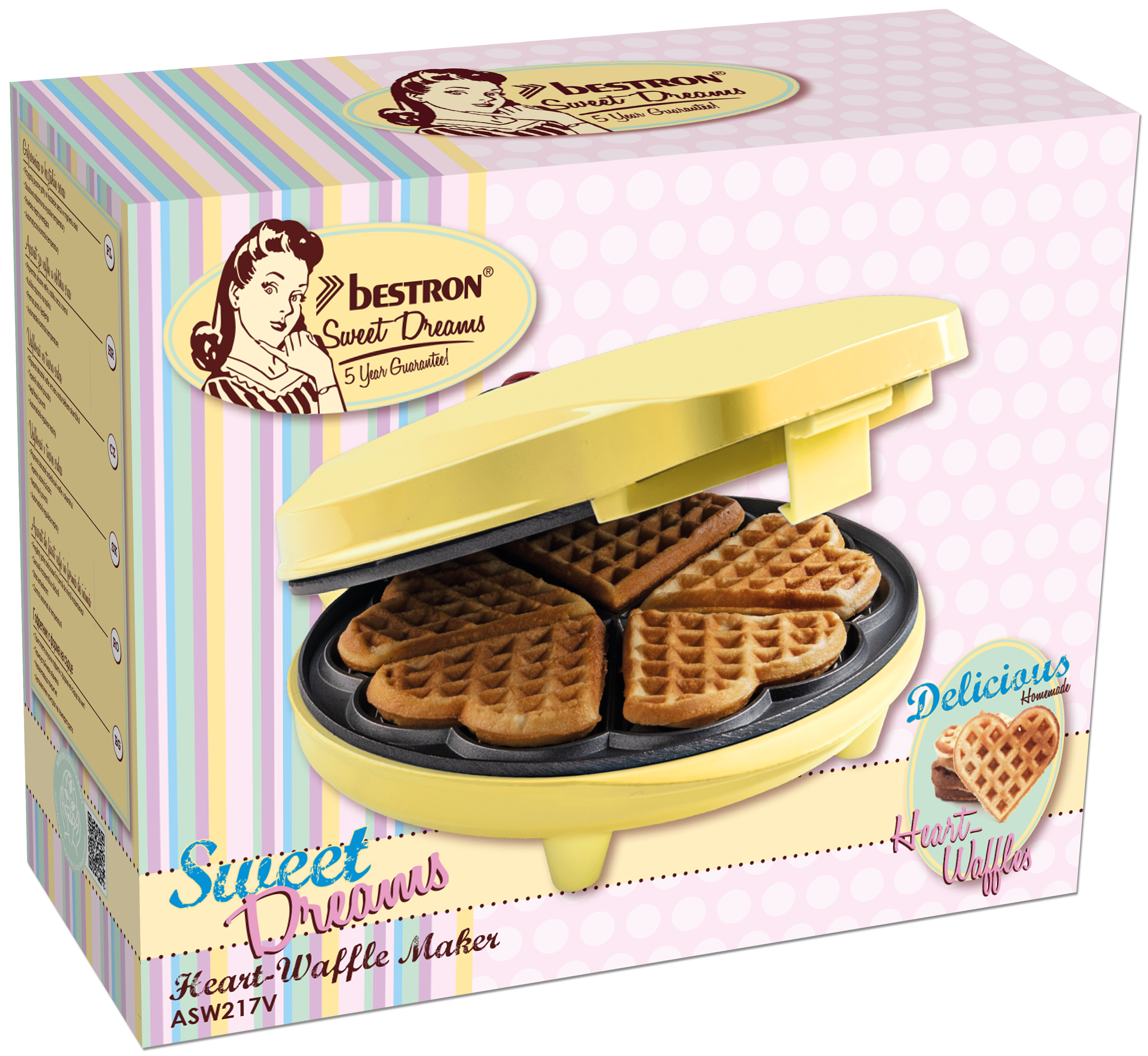 Żółta gofrownica w kształcie serca na pudełku z tekstem i ilustracjami. Pudełko ma pasiasty wzór w tle.