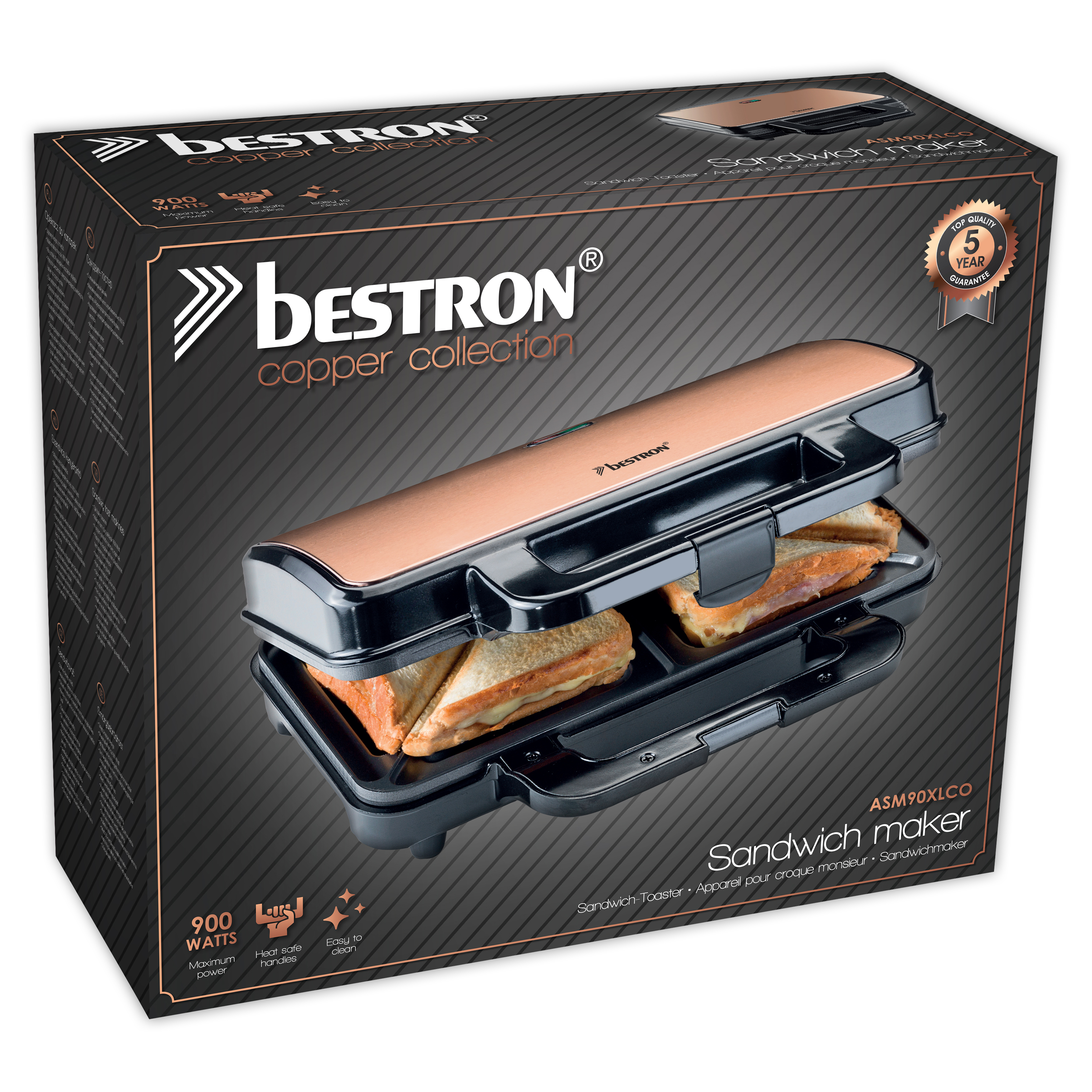 Toster do kanapek Bestron w pudełku. Ma kolory miedzi i czerni. Dwa tosty znajdują się w środku.