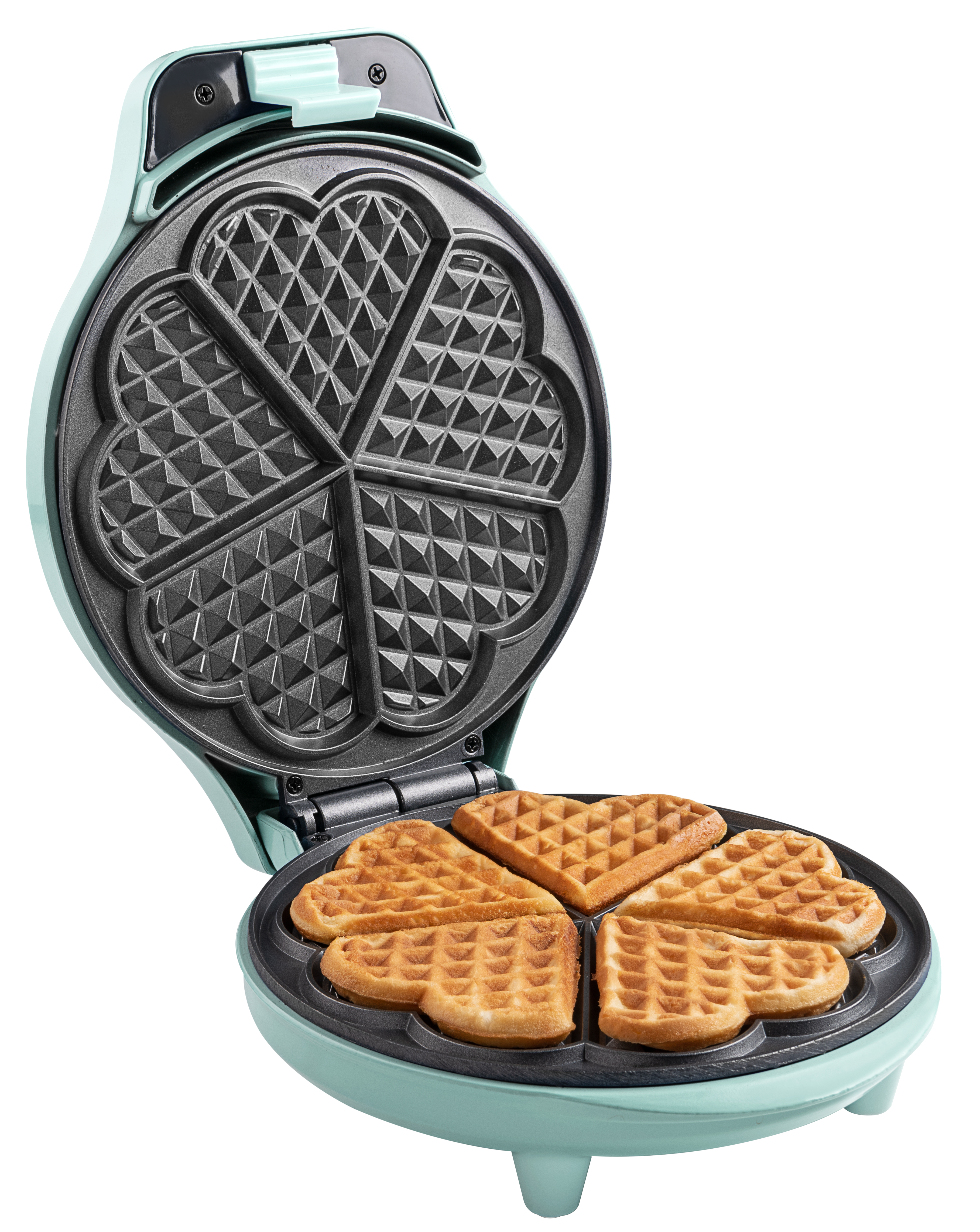 Otwarta gofrownica w kolorze teal z goframi w kształcie serca. Gofrownica jest otwarta.