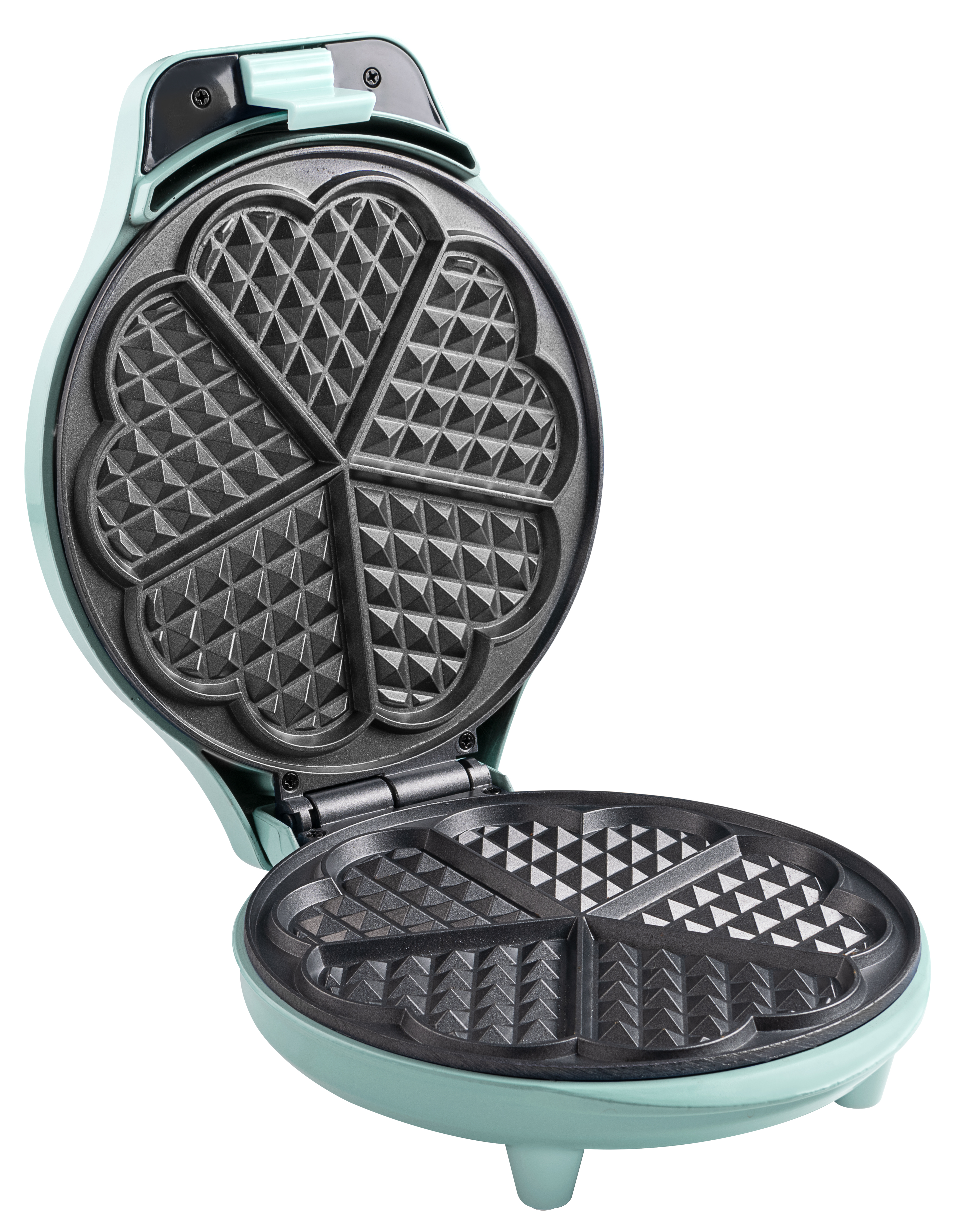 Otwarta gofrownica w kształcie serca w kolorze turkusowym na białym tle. Góra jest otwarta.