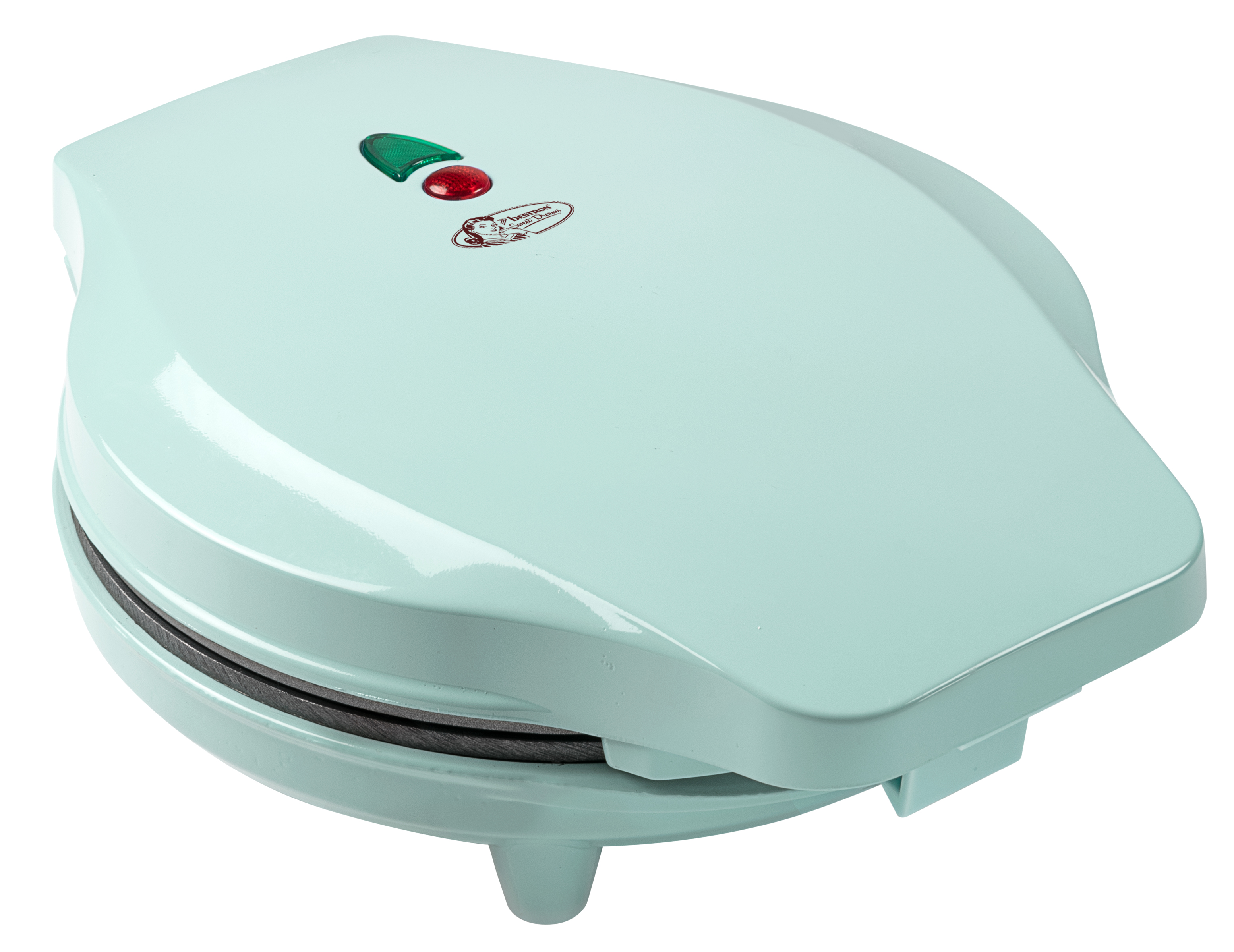 Jasnoniebieska gofrownica z zielonym i czerwonym światłem na górze. Widoczna nazwa marki.