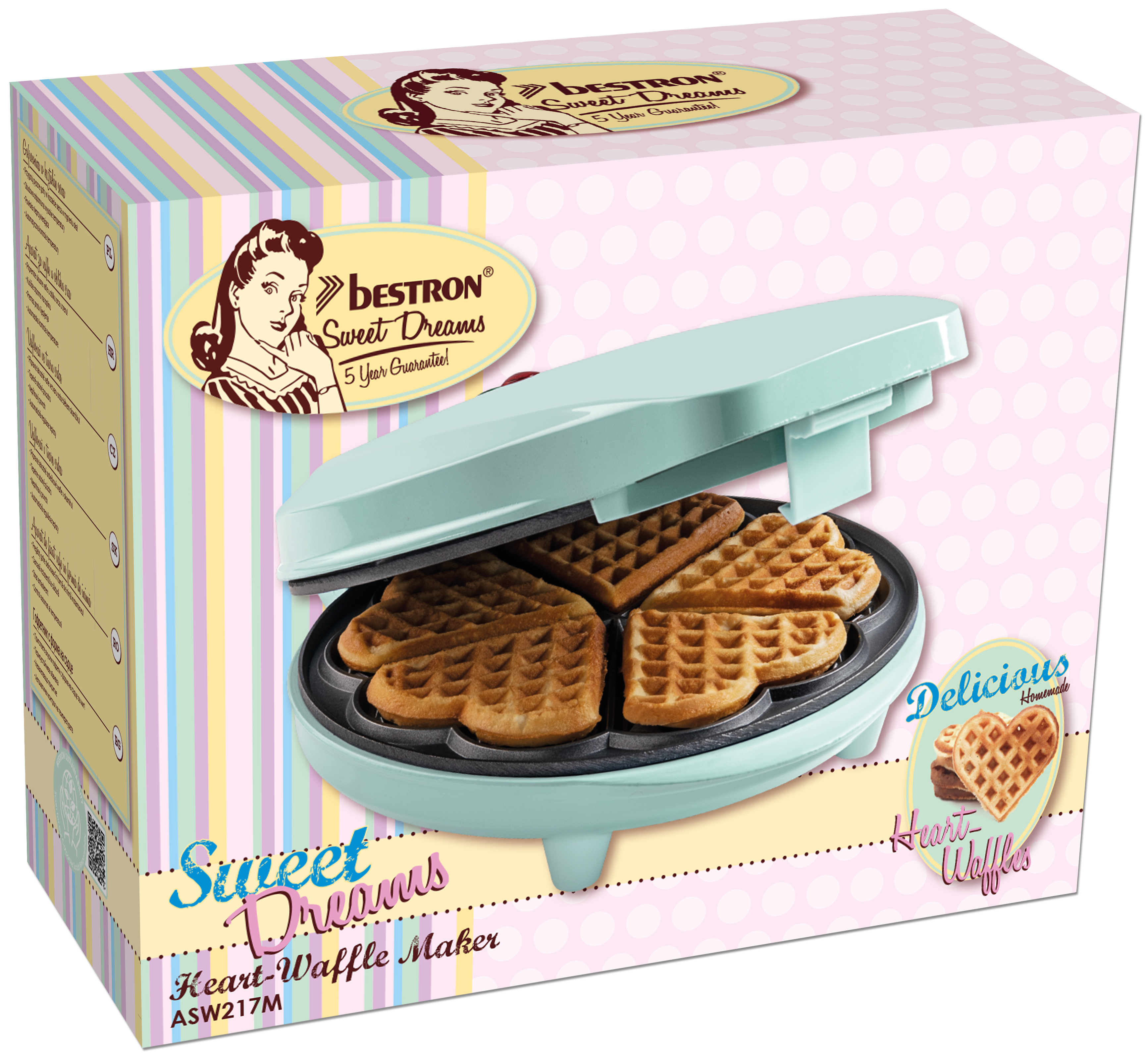 Pudełko z gofrownicą w kształcie serca. Gofry są w urządzeniu. Na pudełku napis 'Sweet Dreams' i 'Heart-Waffles'.