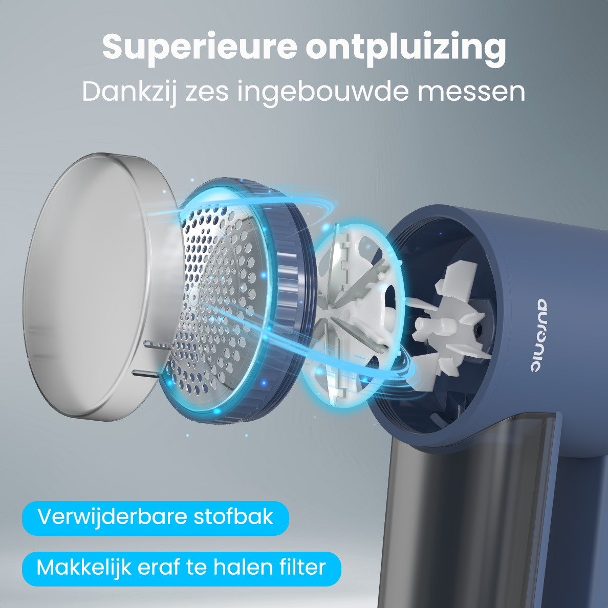 Vue éclatée d'un rasoir à tissu bleu montrant les pièces internes, avec des textes en néerlandais et la marque auronic.